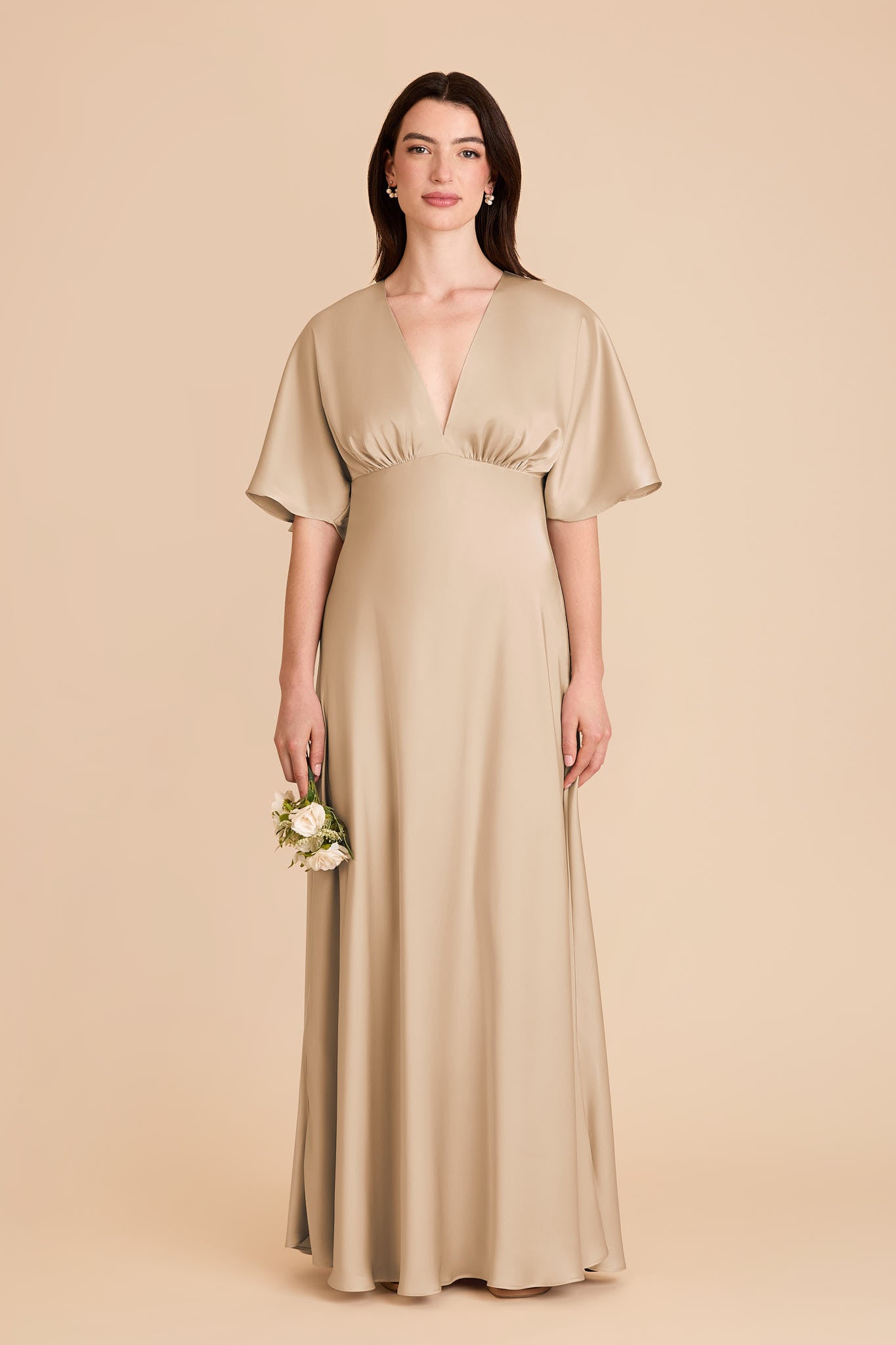 Gold Matte Satin Gown with V-Neck & Thigh Slit | Shyla Dress