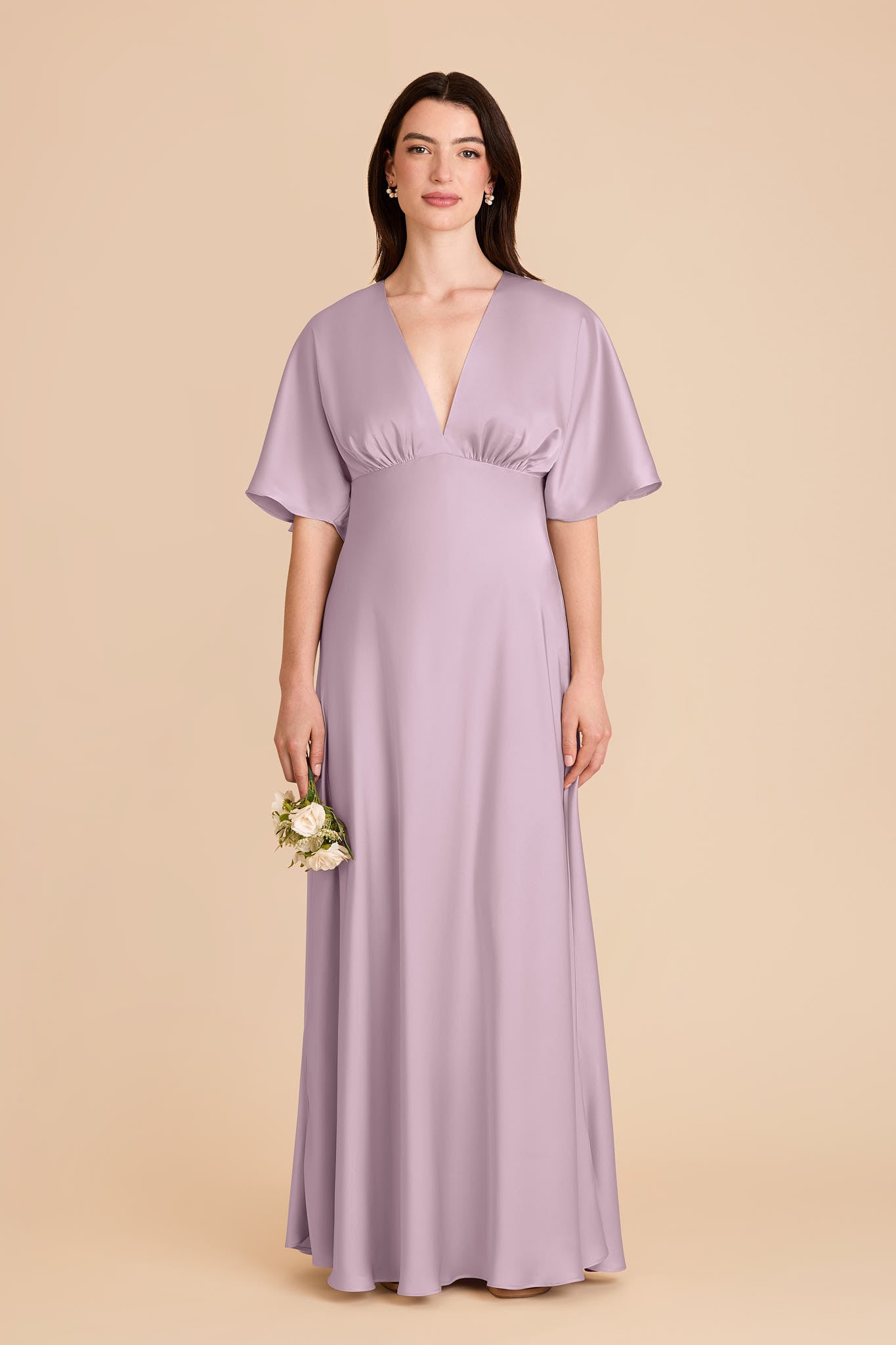 Matte Satin Floor-Length Dress with V-Neck & Kimono Sleeves | Shyla