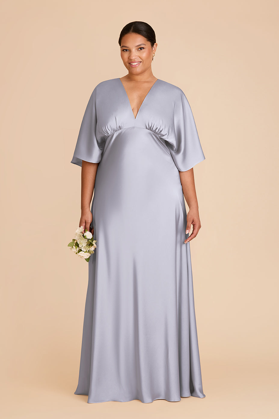 Periwinkle Blue Satin Dress with V-Neck & Thigh Slit | Shyla