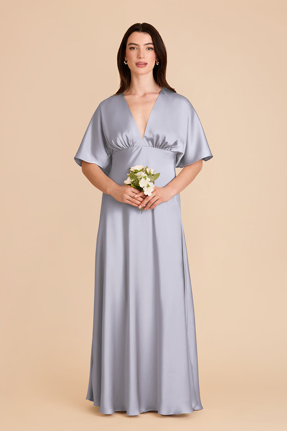 Periwinkle Blue Satin Dress with V-Neck & Thigh Slit | Shyla