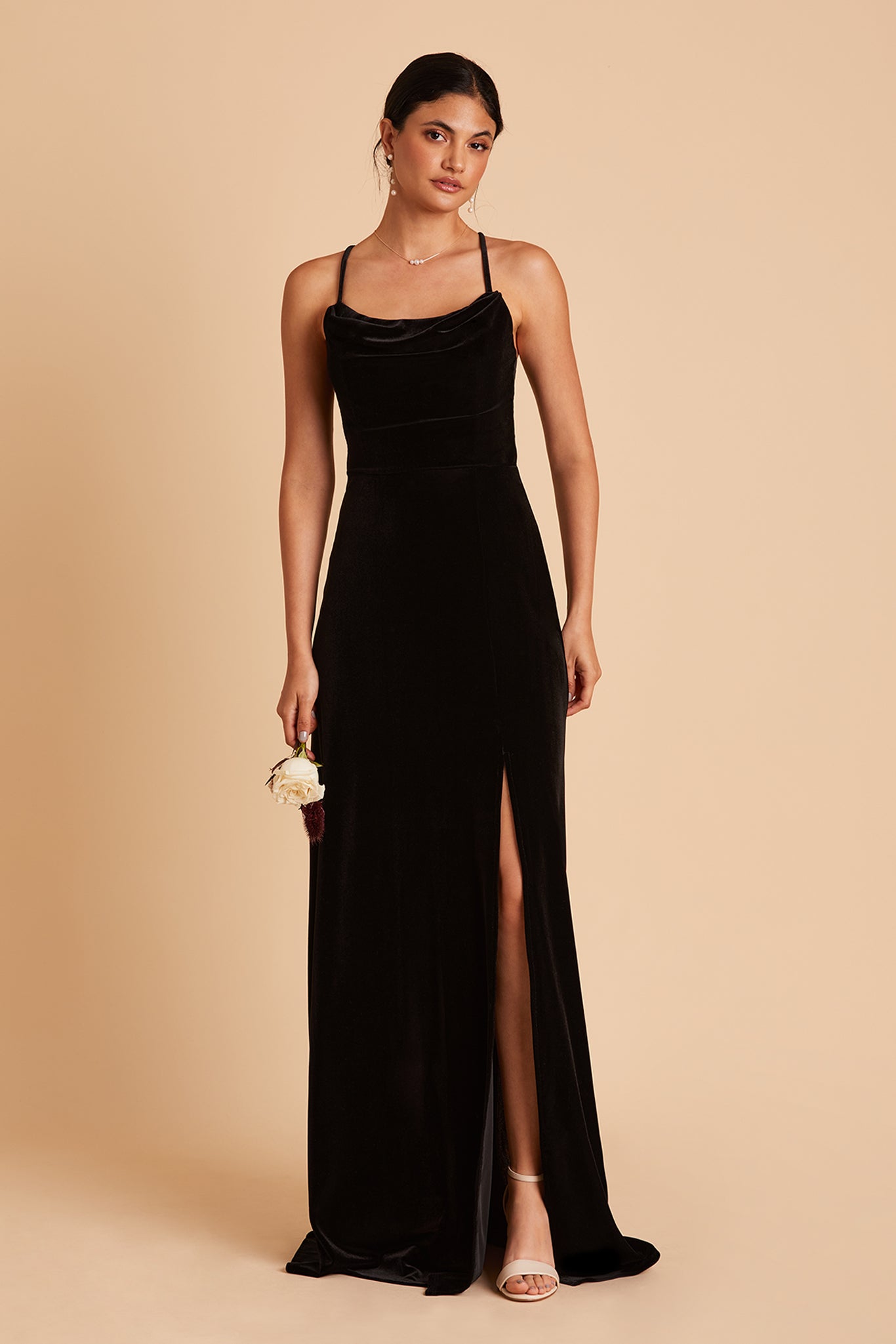 Velvet Bridesmaid Dress with Cowl Neck & Slit | Ash Black