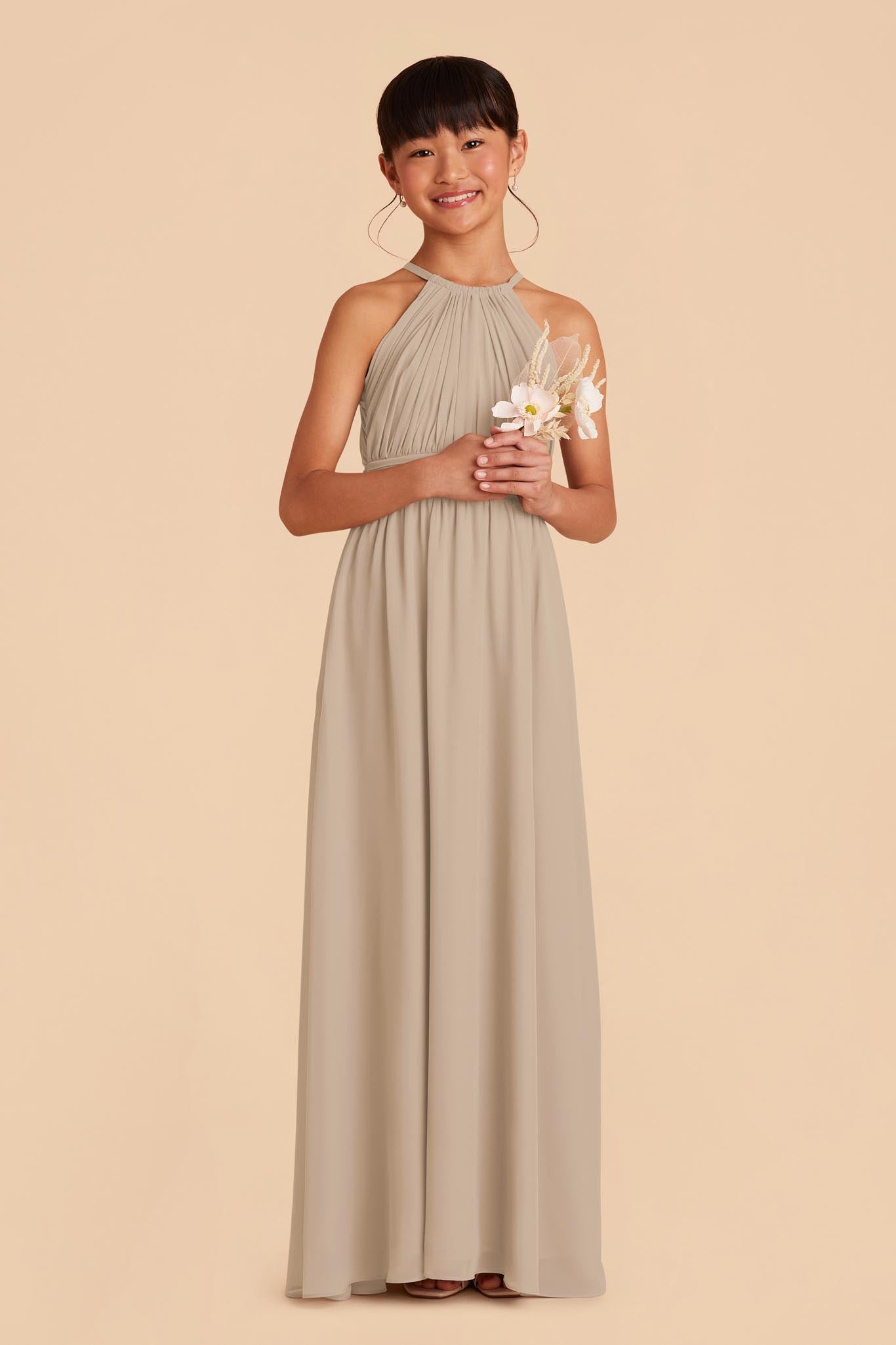 Junior Bridesmaid Dress - Halter Neck Formal Gown | Sienna Almond