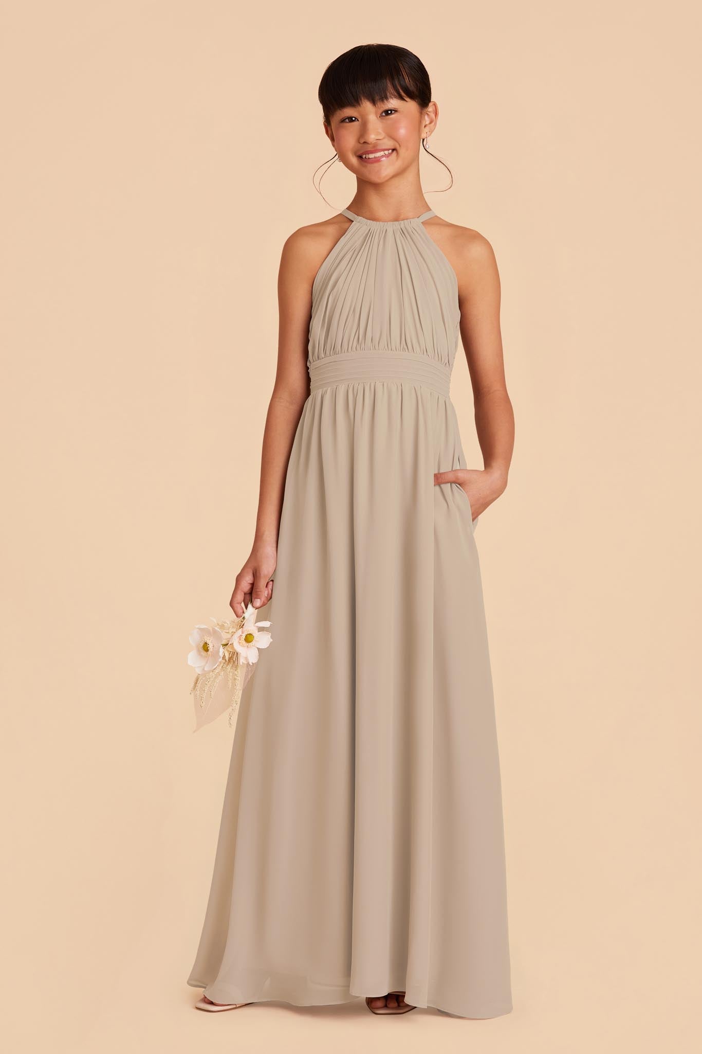Junior Bridesmaid Dress - Halter Neck Formal Gown | Sienna Almond