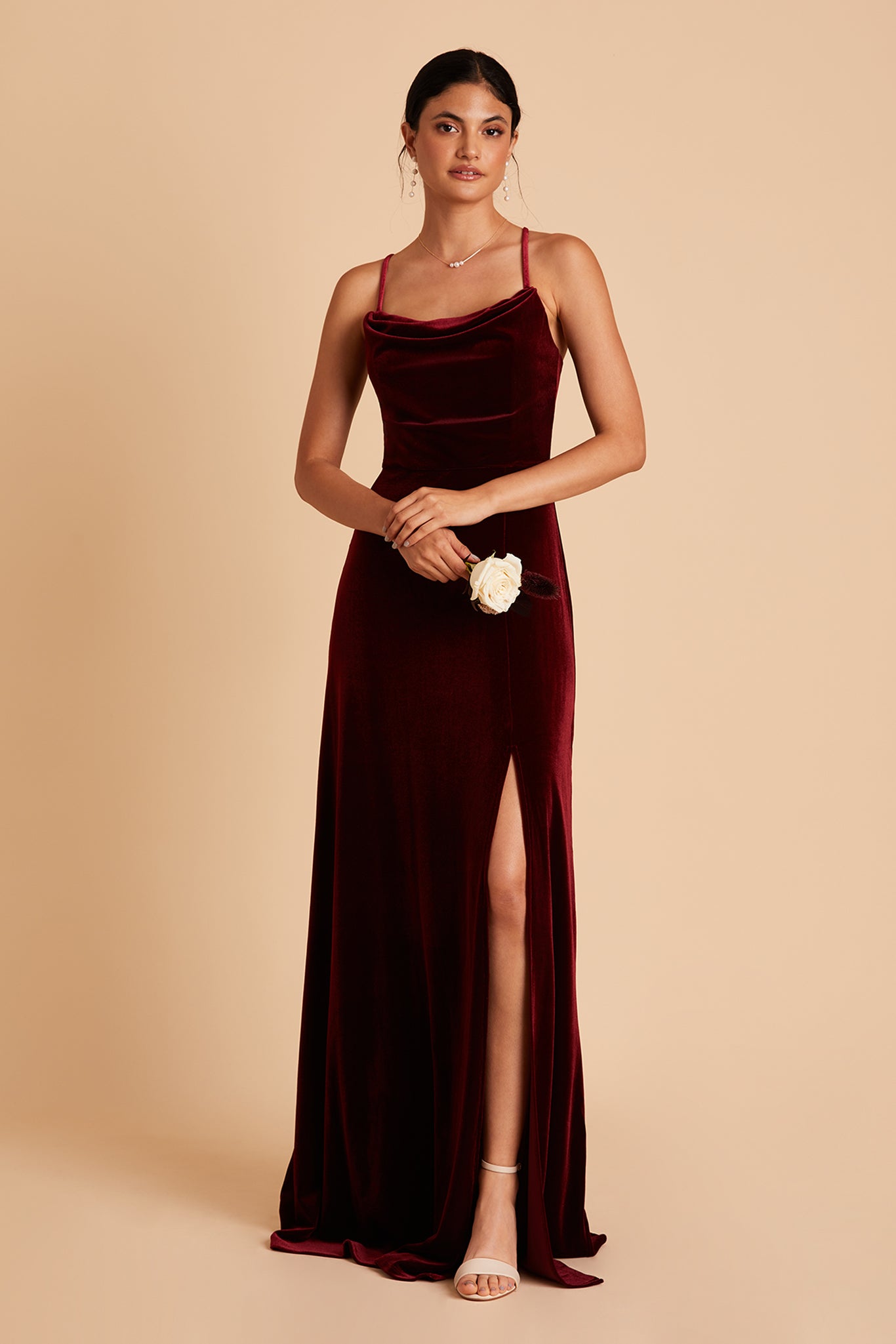 Velvet Bridesmaid Dress with Cowl Neck & Slit | Ash Cabernet