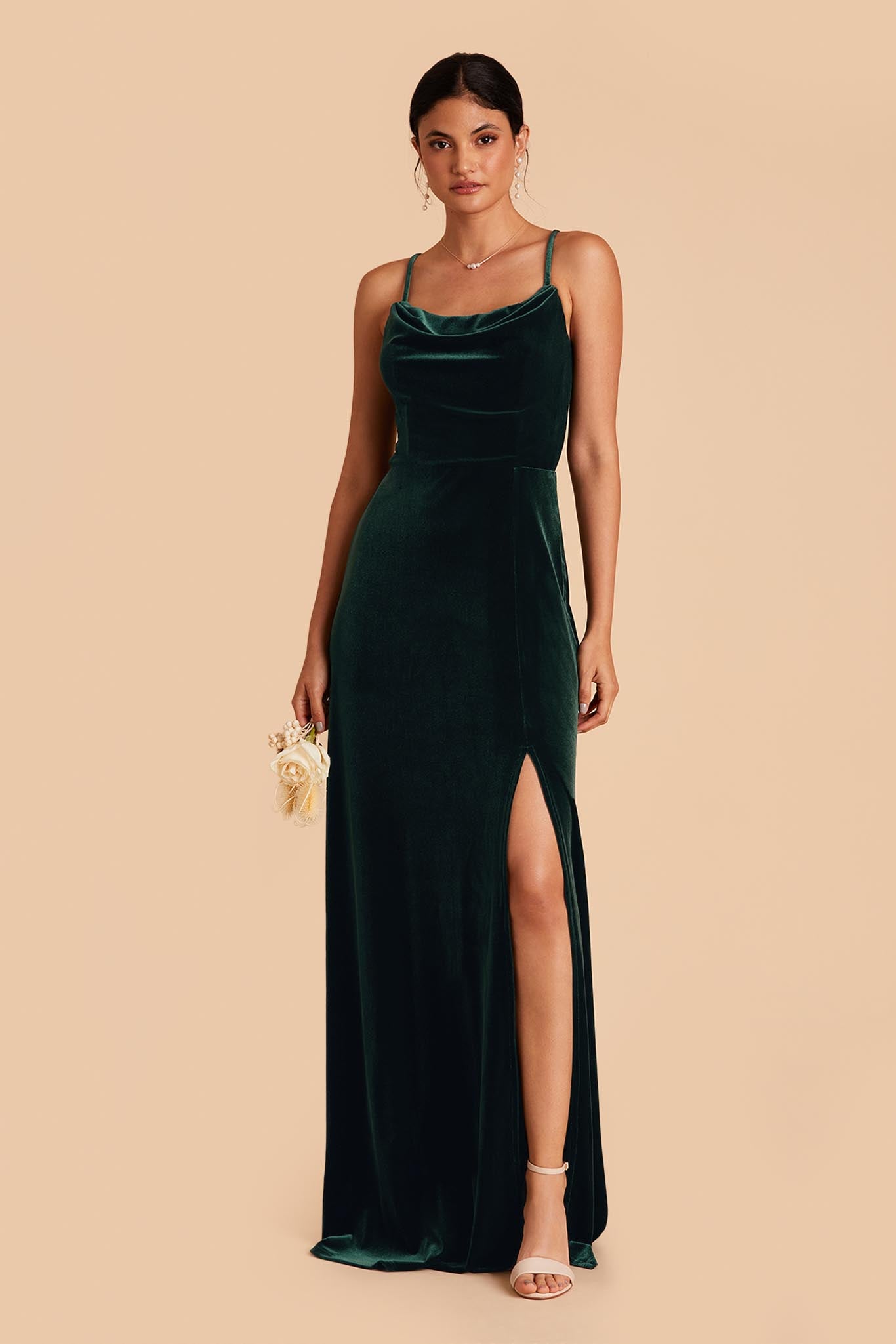 Emerald Velvet Bridesmaid Dress with Cowl Neck & Slit