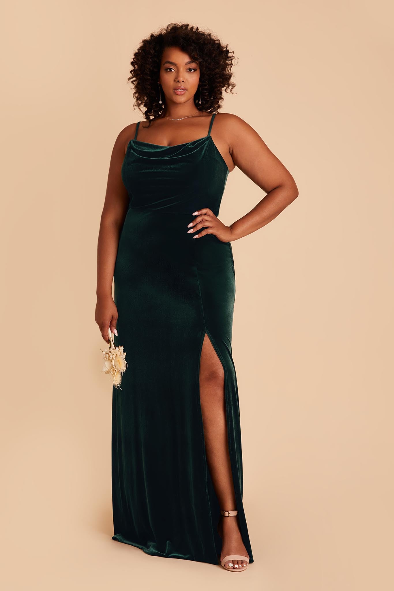 Emerald Velvet Bridesmaid Dress with Cowl Neck & Slit