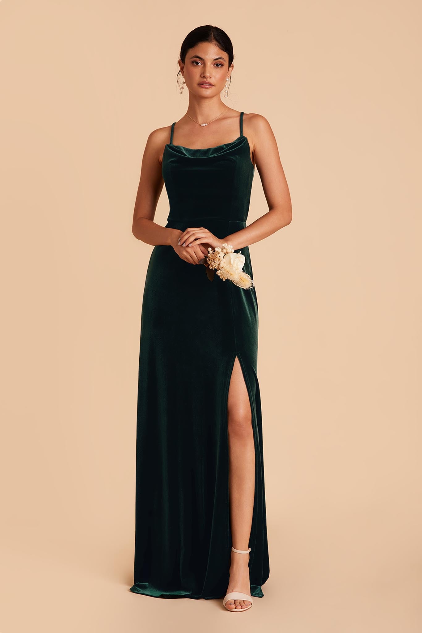 Emerald Velvet Bridesmaid Dress with Cowl Neck & Slit