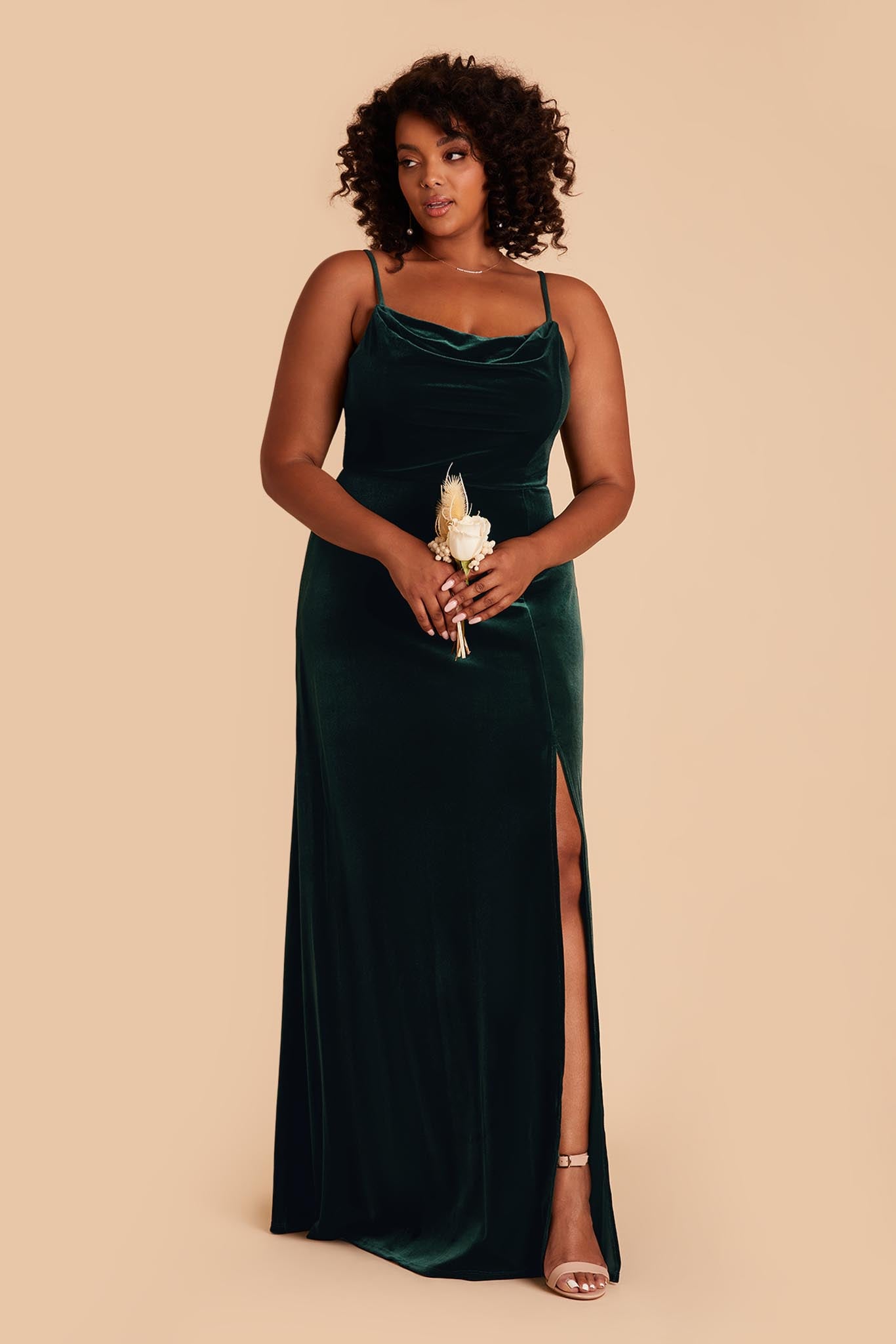 Emerald Velvet Bridesmaid Dress with Cowl Neck & Slit
