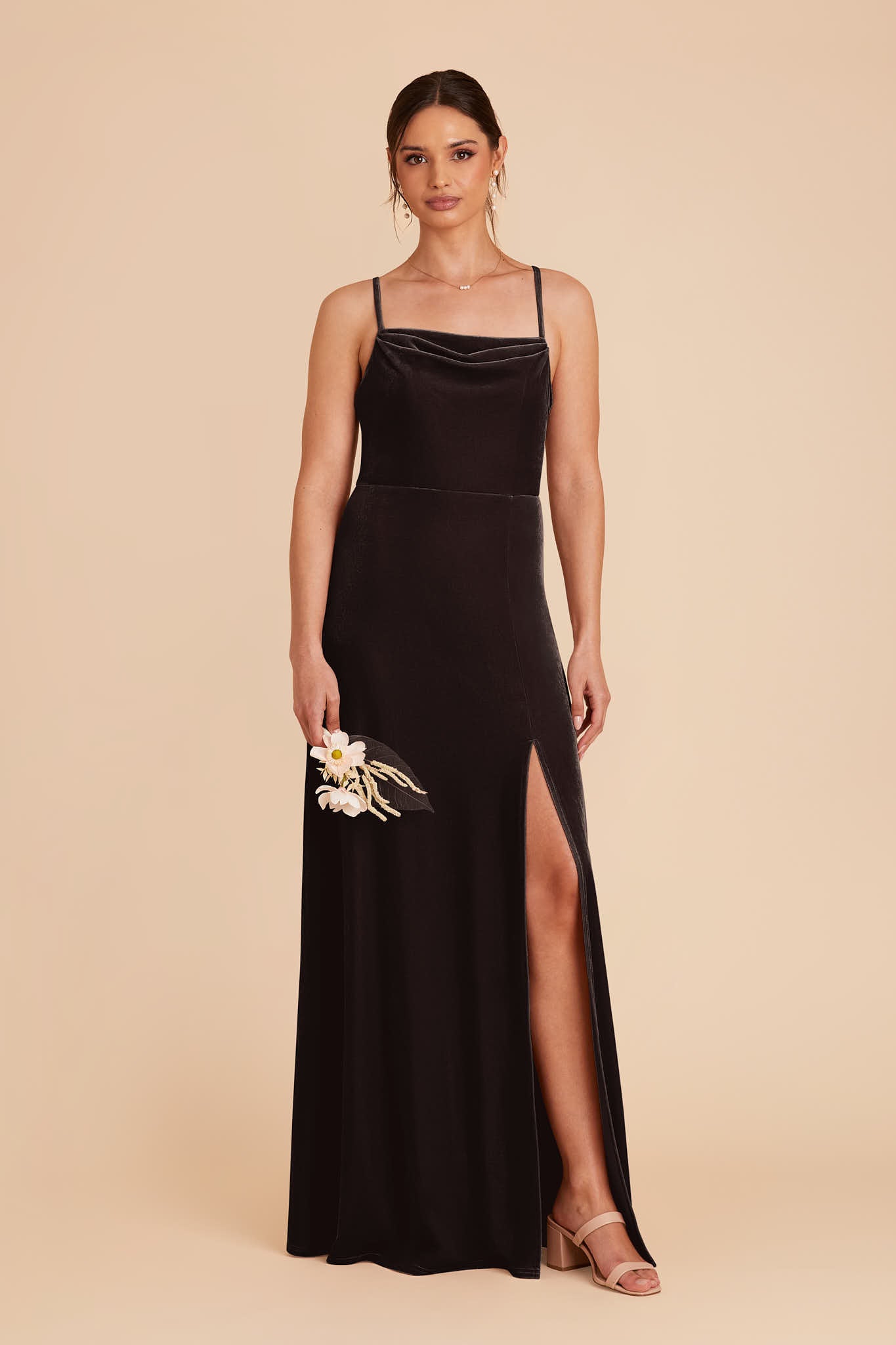 Velvet Bridesmaid Dress with Cowl Neck & Slit | Ash Espresso