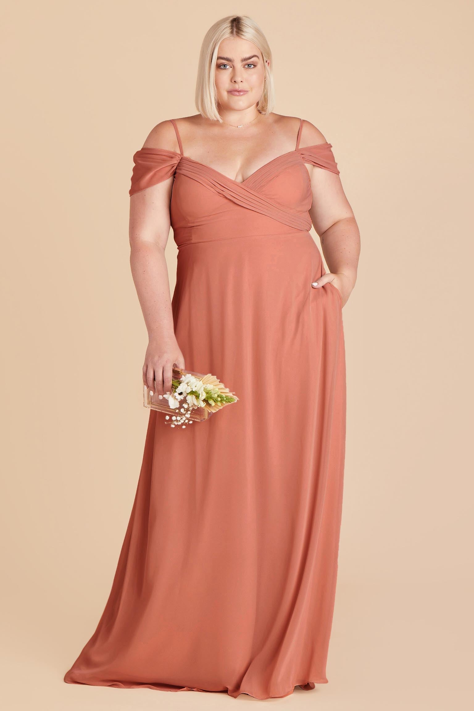 Off-the-Shoulder Convertible Dress with Pockets | Spence Terracotta