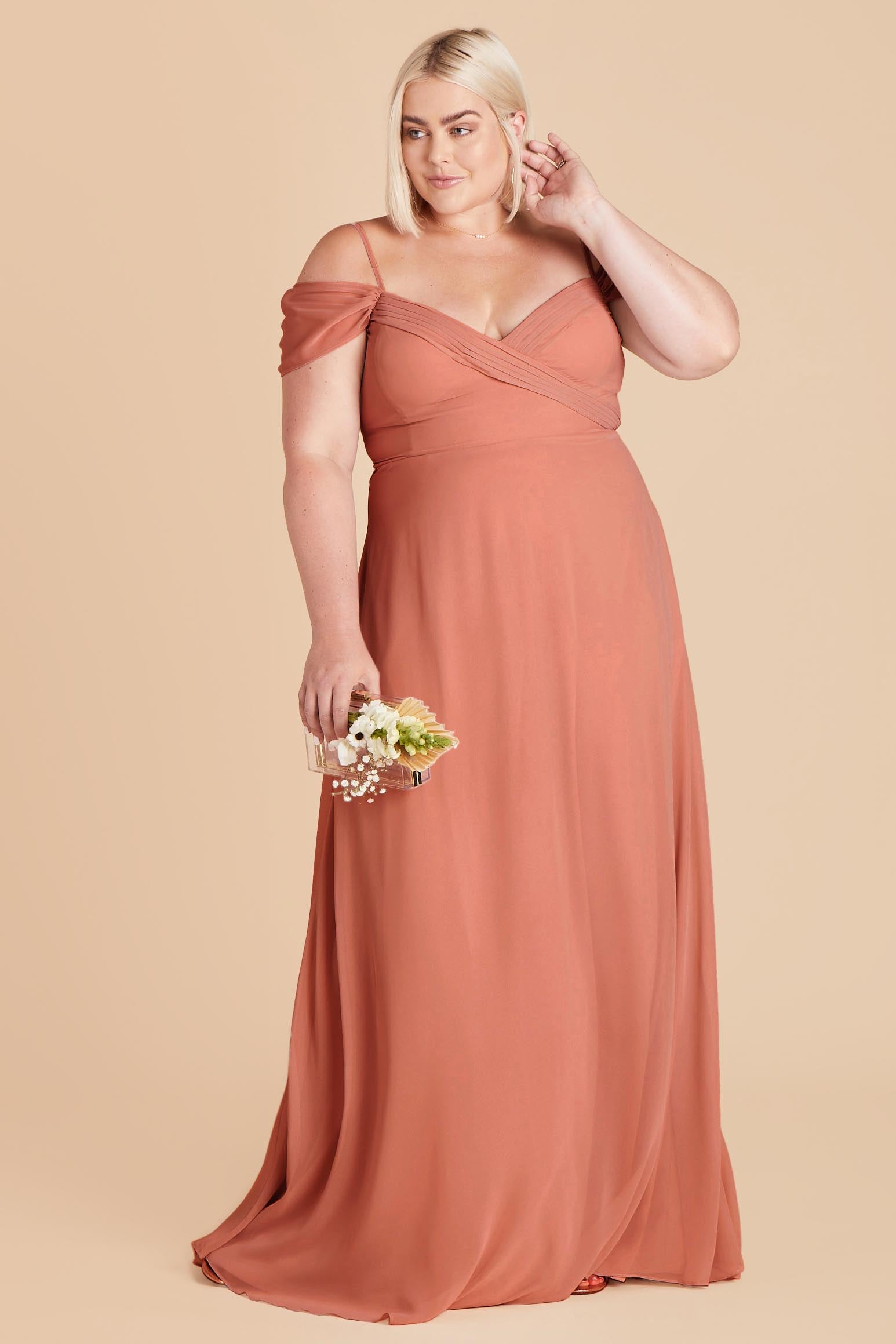 Off-the-Shoulder Convertible Dress with Pockets | Spence Terracotta