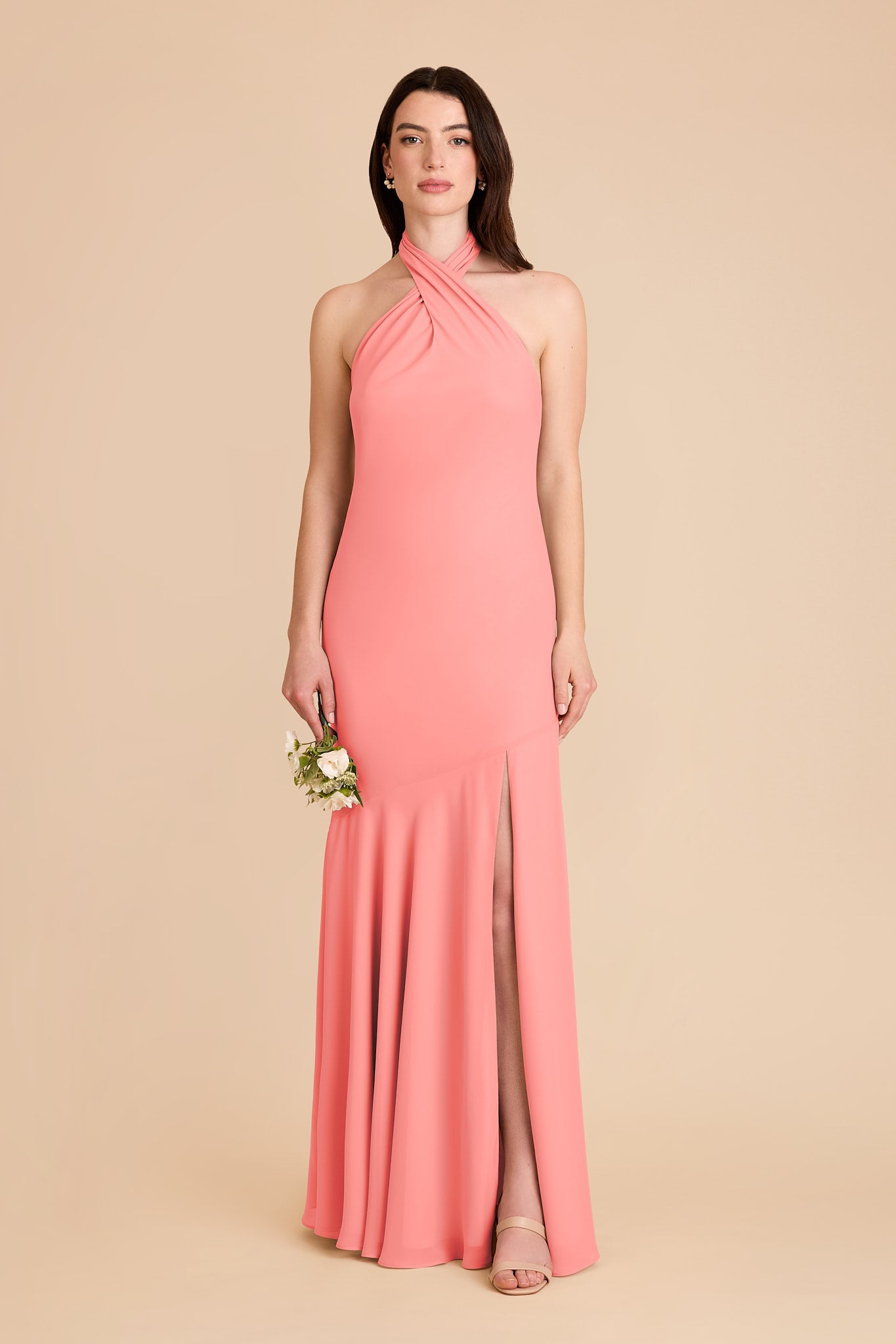 Chiffon Halter Dress in Coral Pink | Stephanie