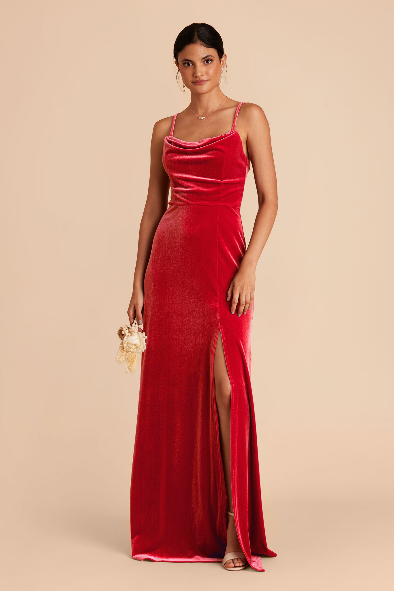 Ruby Red Velvet Bridesmaid Dress with Cowl Neck & Slit