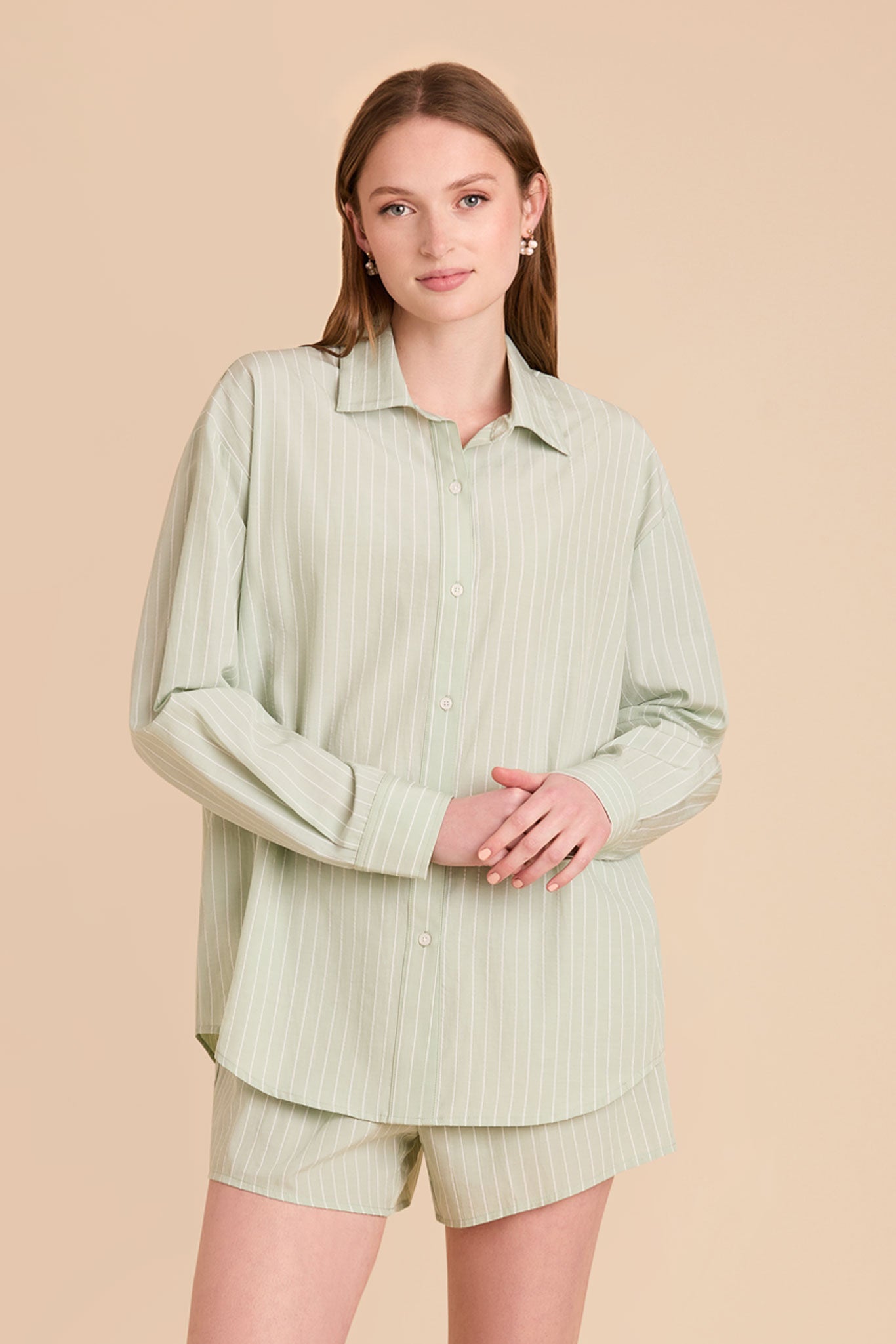 Striped Button Down PJ Set with Relaxed Fit | Ashtin Sage Stripe
