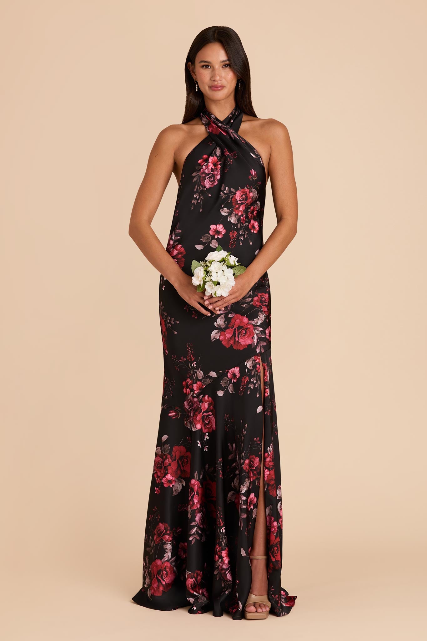 Matte Satin Halter Dress - Black Floral | Fleurs D'Amour