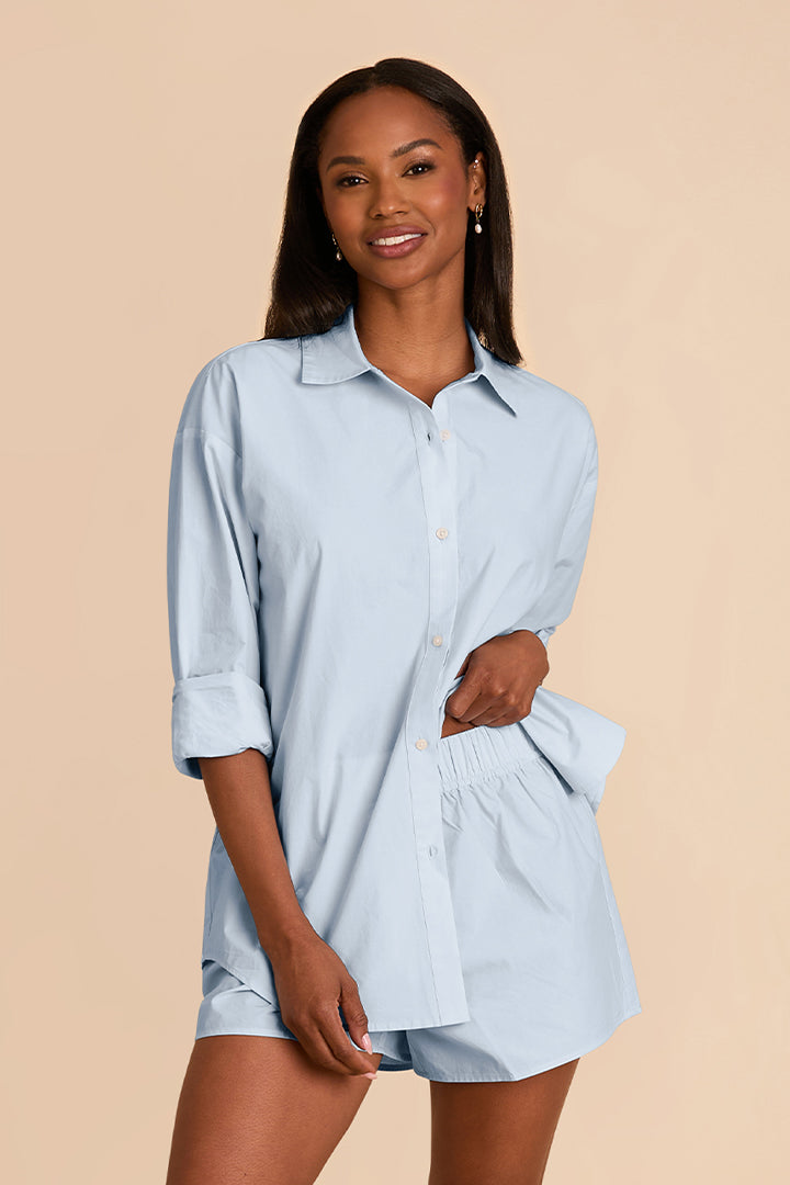 Light Blue Button Down Shirt & Boxer Shorts PJ Set | Ashtin