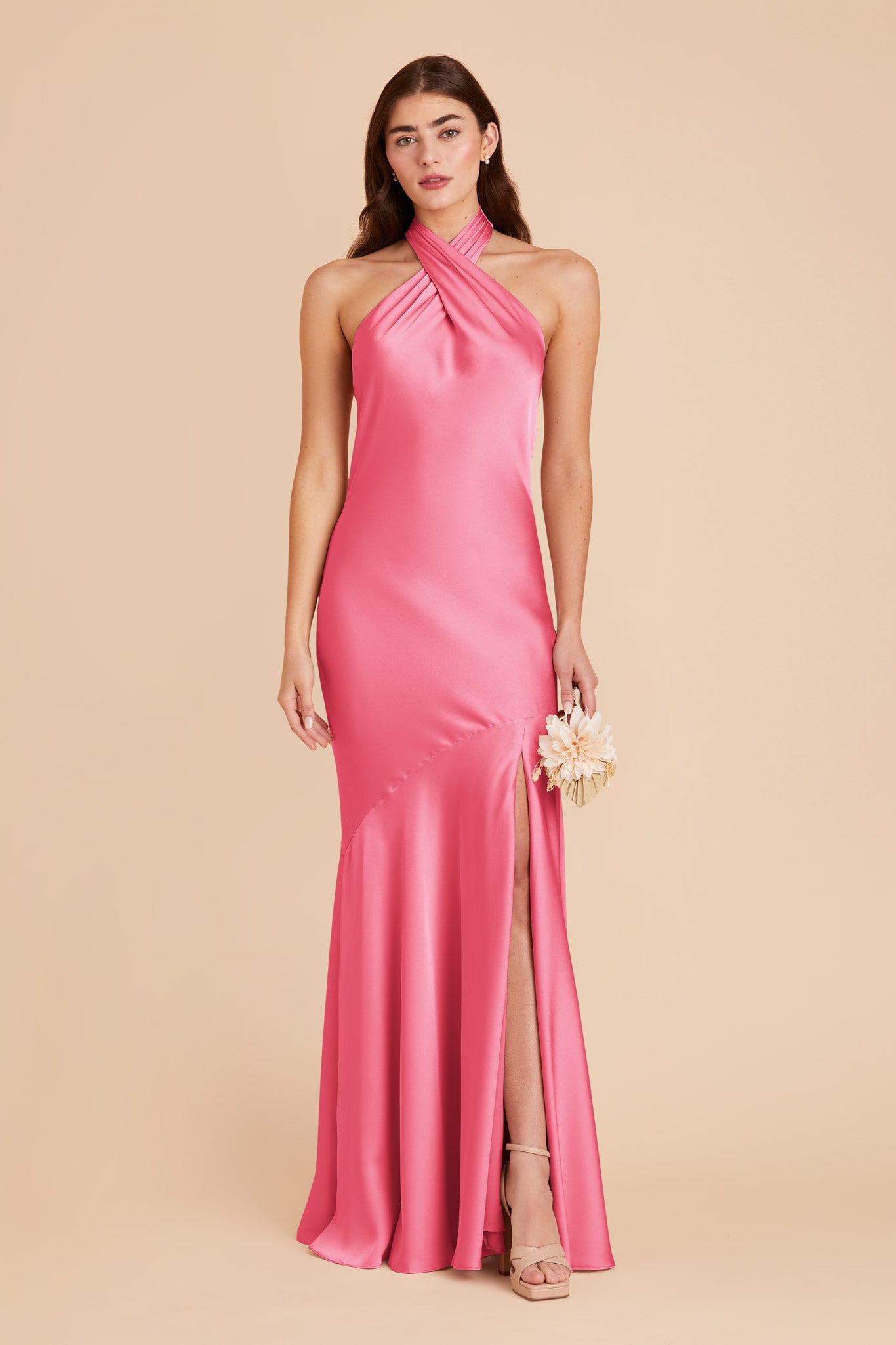 Matte Satin Halter Dress in Bon Bon Pink | Stephanie