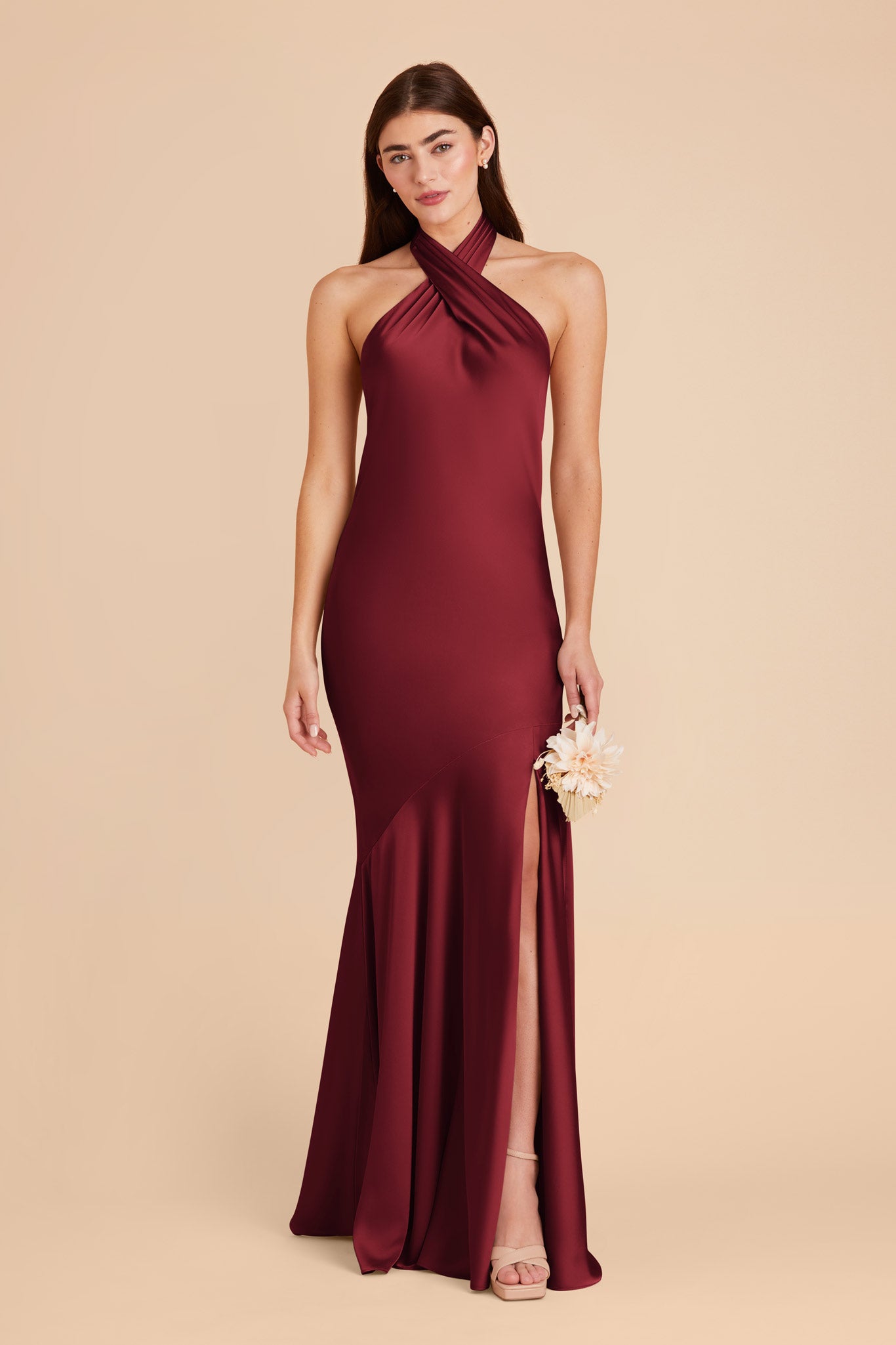 Matte Satin Halter Dress in Burgundy | Stephanie
