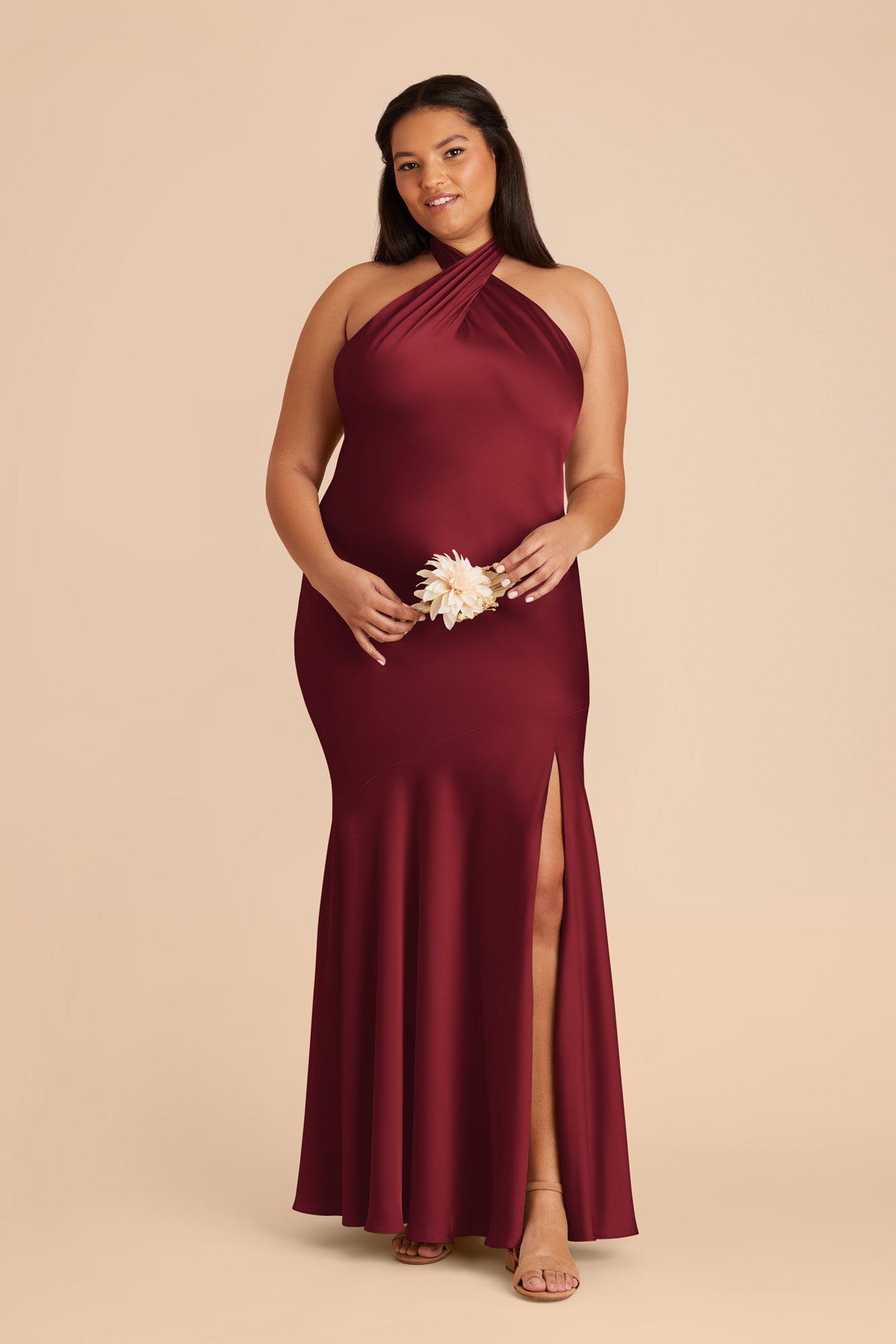 Matte Satin Halter Dress in Burgundy | Stephanie