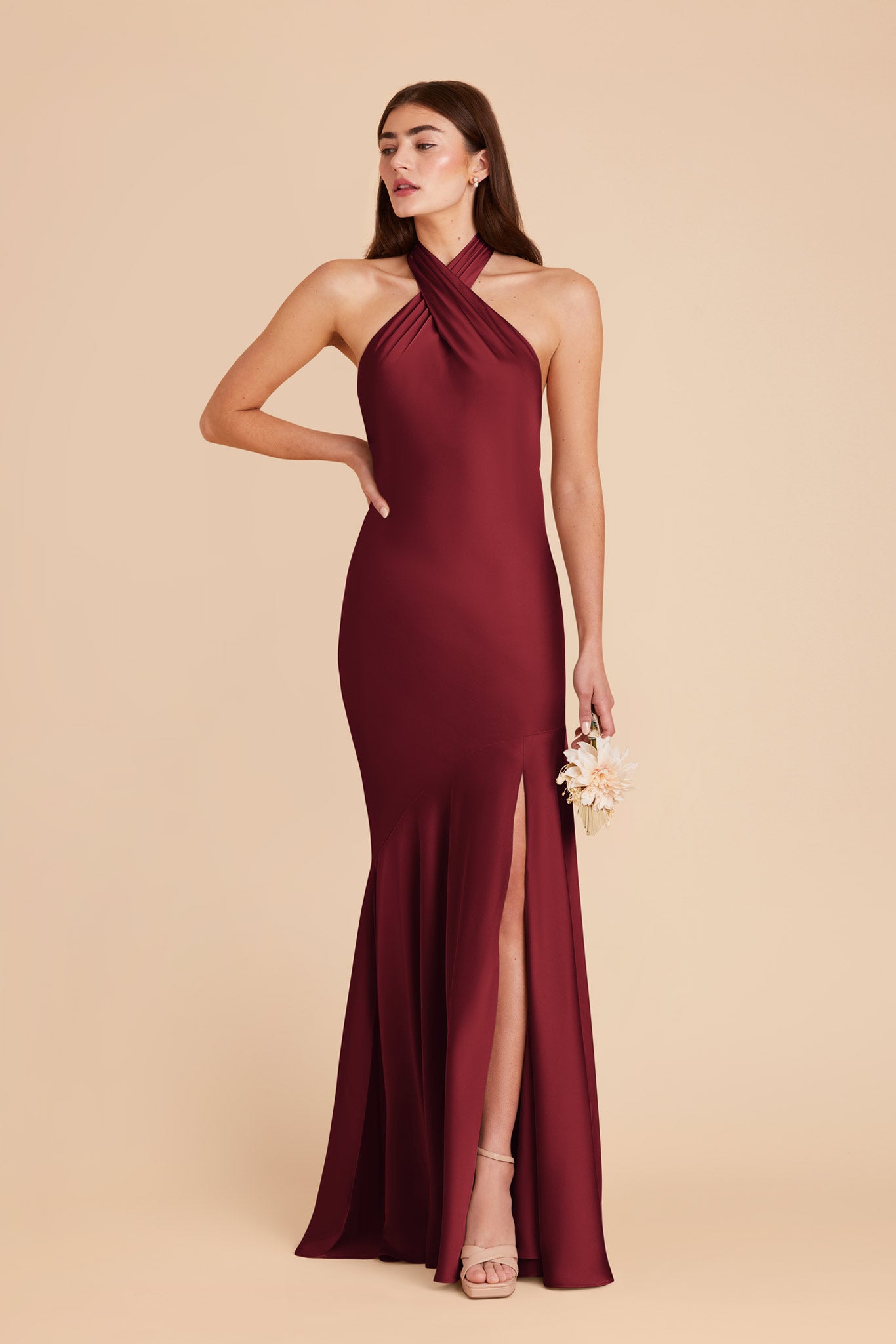 Matte Satin Halter Dress in Burgundy | Stephanie