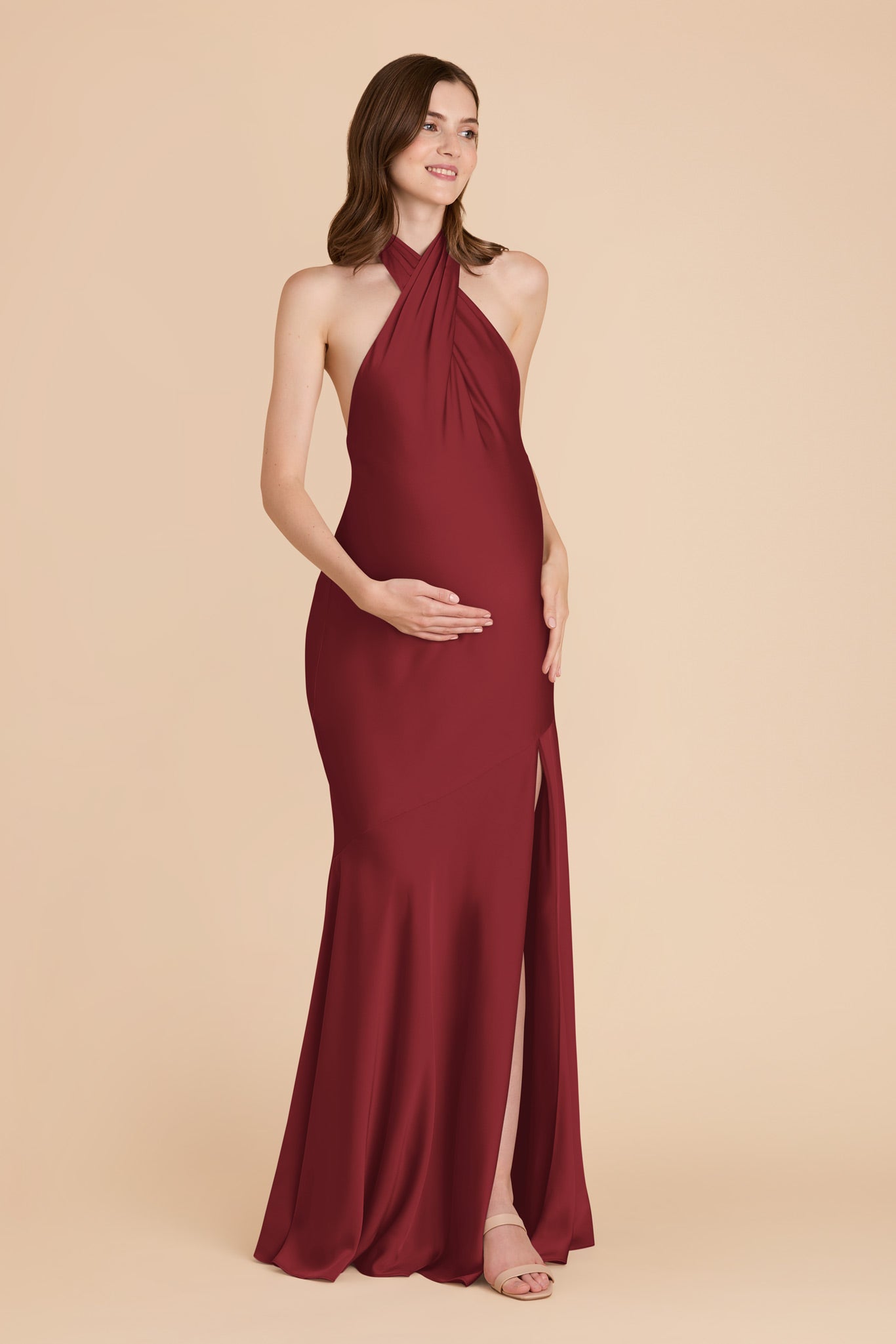 Matte Satin Halter Dress in Burgundy | Stephanie