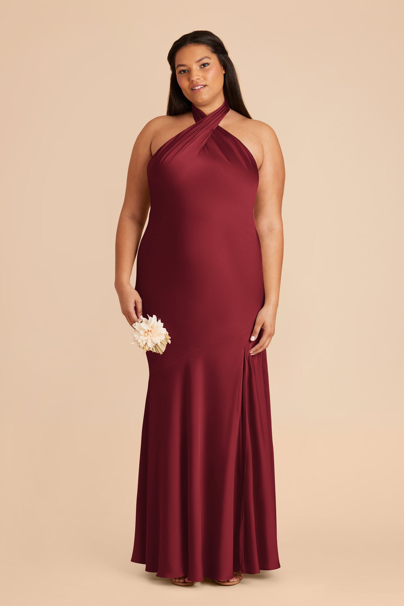 Matte Satin Halter Dress in Burgundy | Stephanie