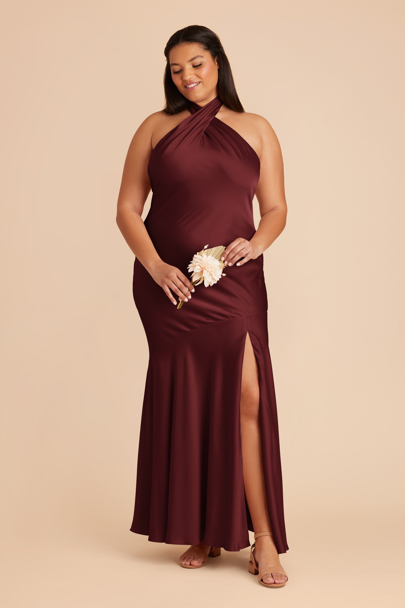 Matte Satin Halter Dress - Stephanie in Cabernet