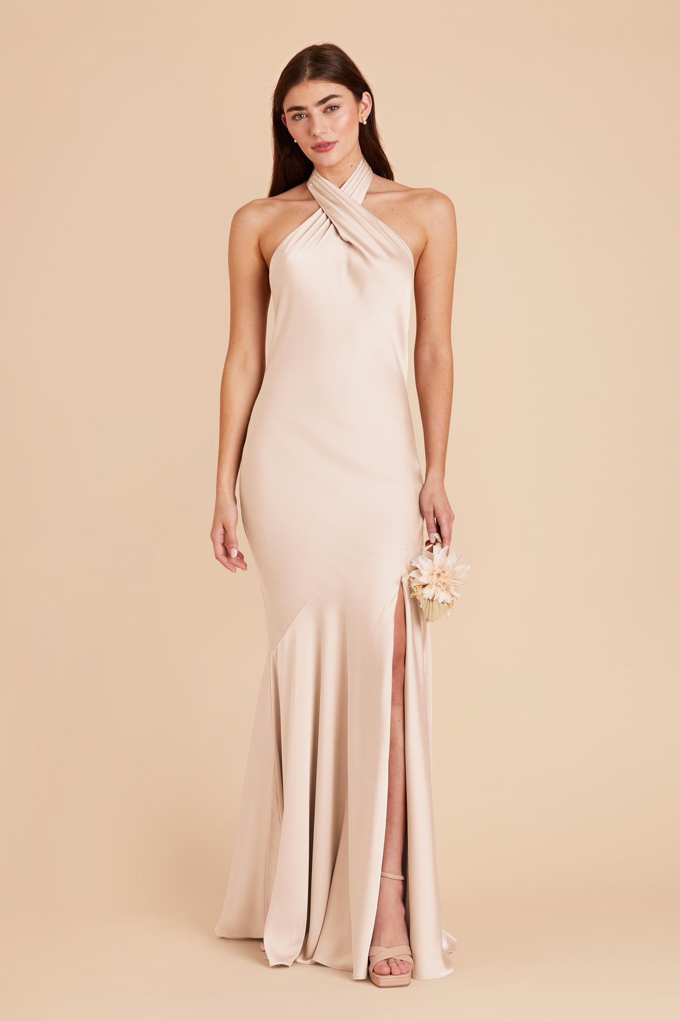 Champagne Matte Satin Halter Gown | Stephanie Dress