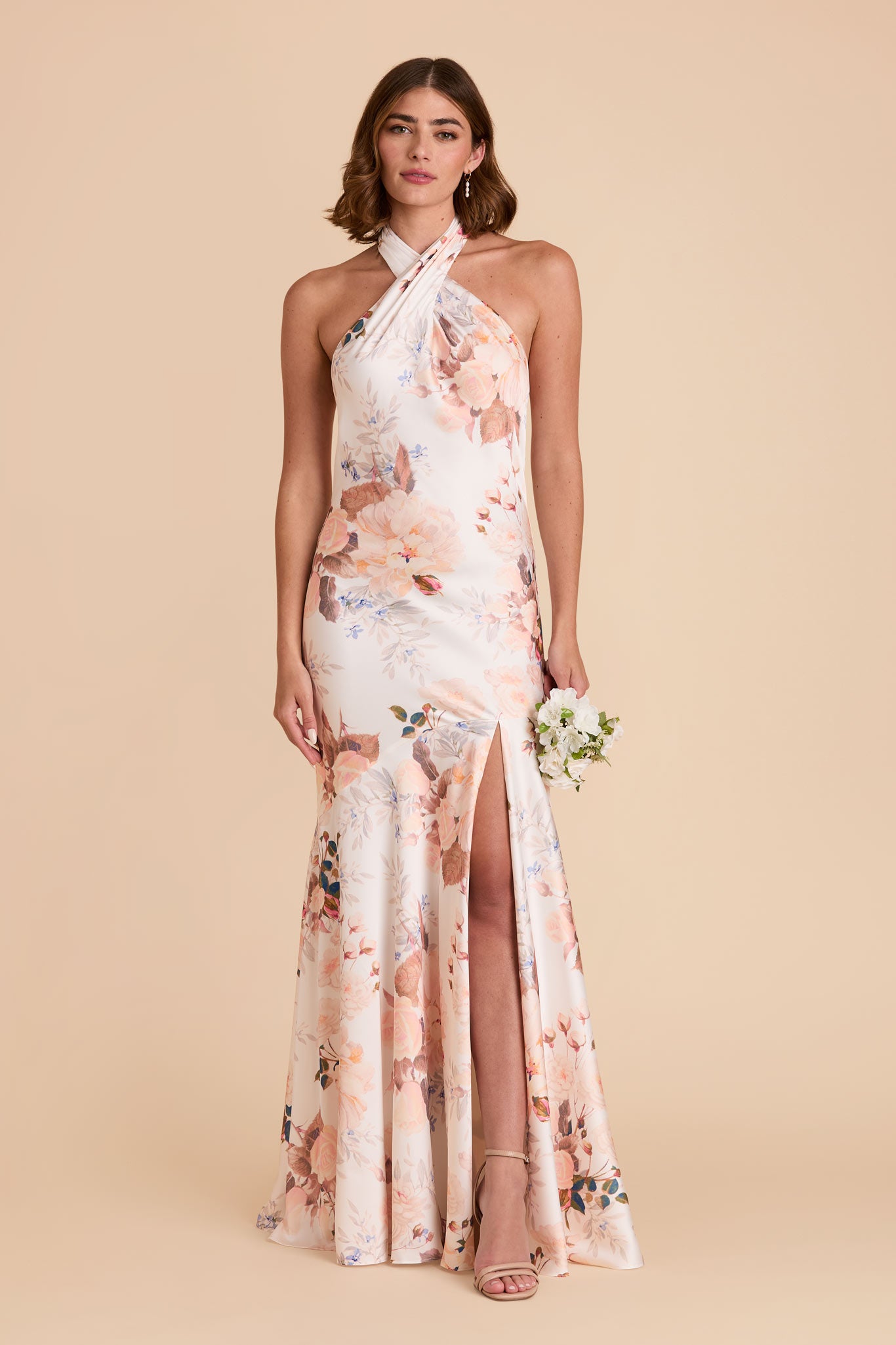 Champagne Cascadia Matte Satin Halter Dress | Stephanie
