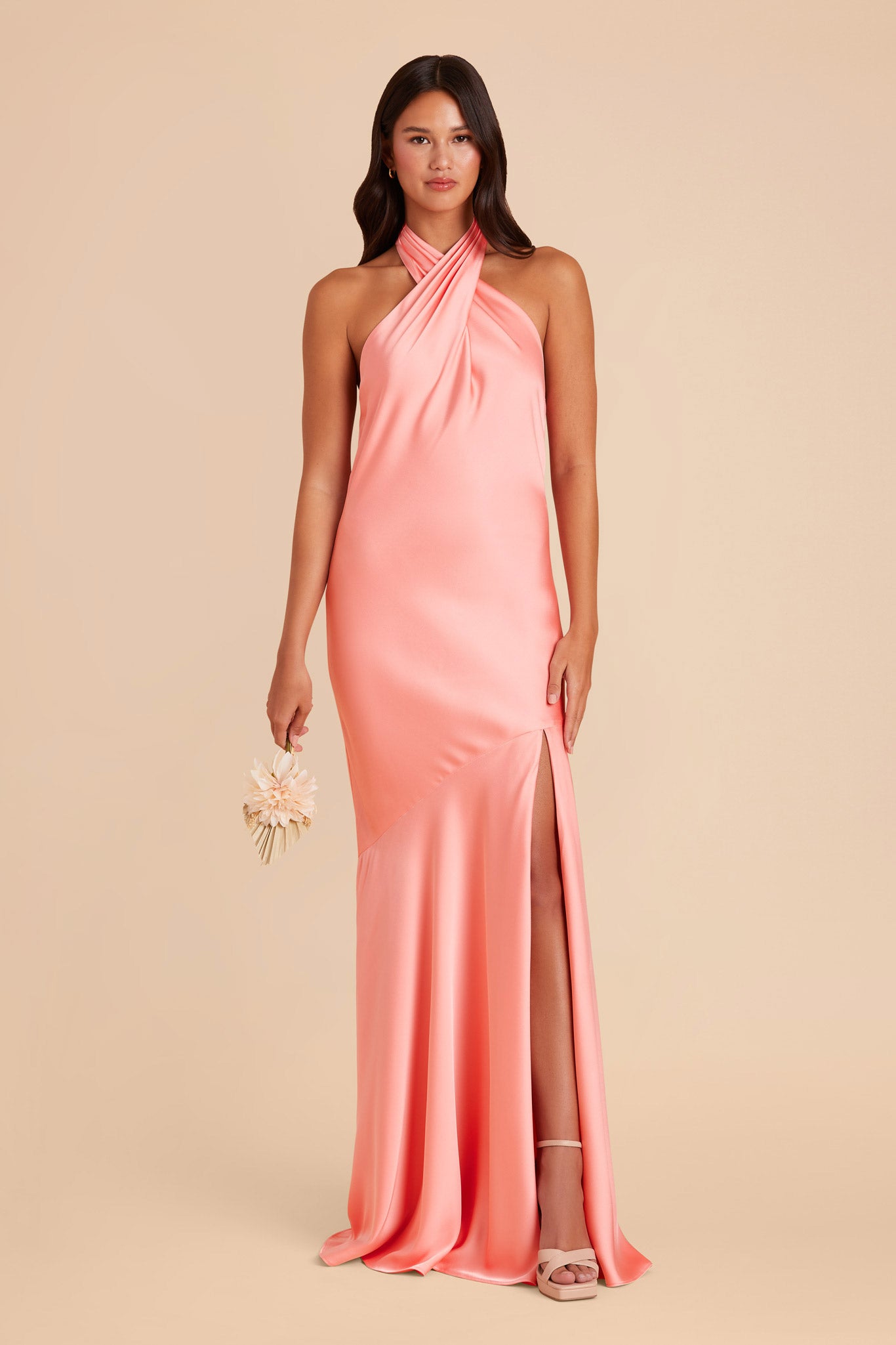 Matte Satin Halter Dress for Women | Coral Pink
