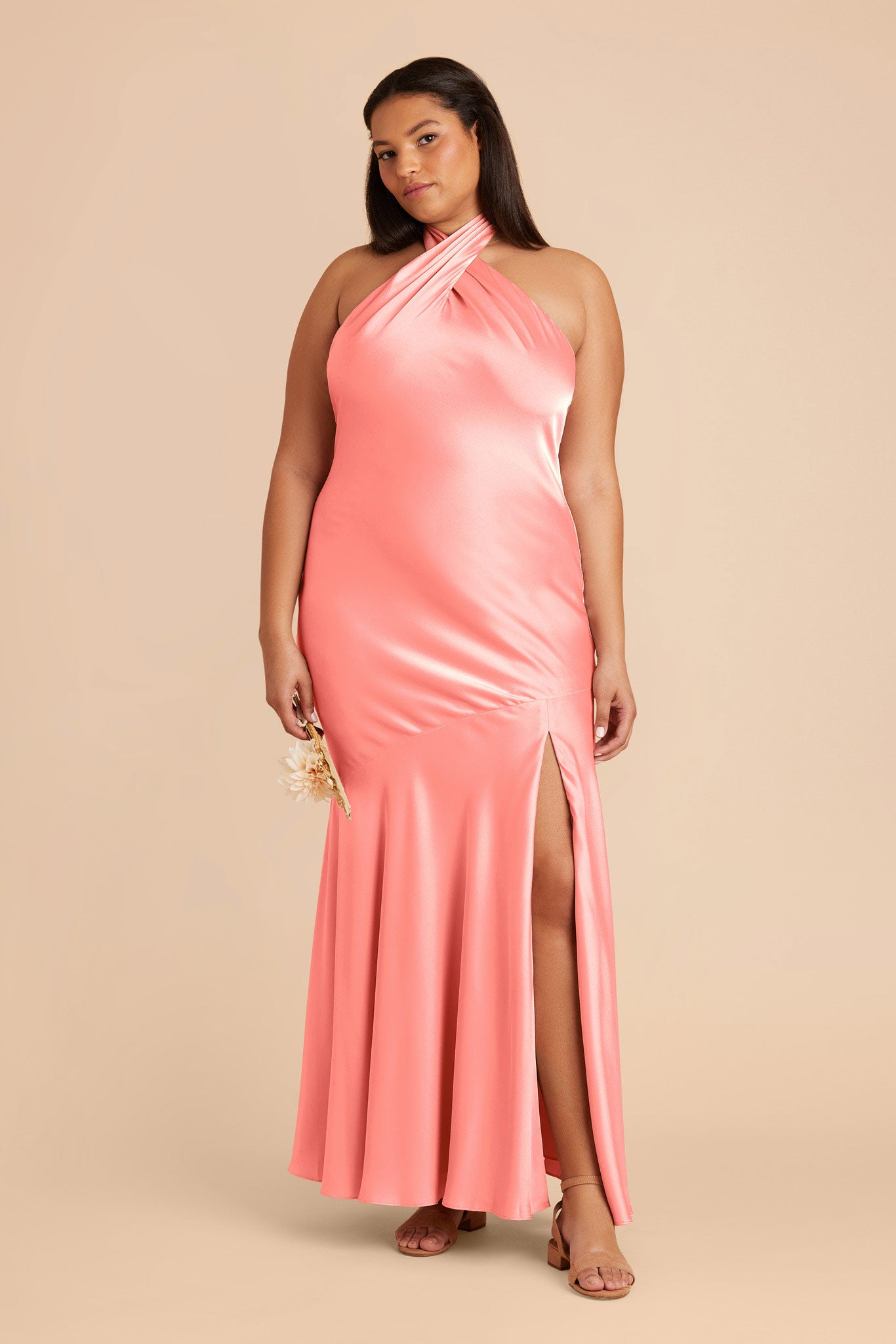 Matte Satin Halter Dress for Women | Coral Pink