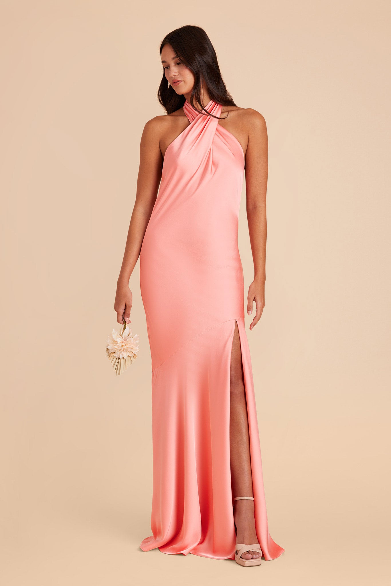 Matte Satin Halter Dress for Women | Coral Pink