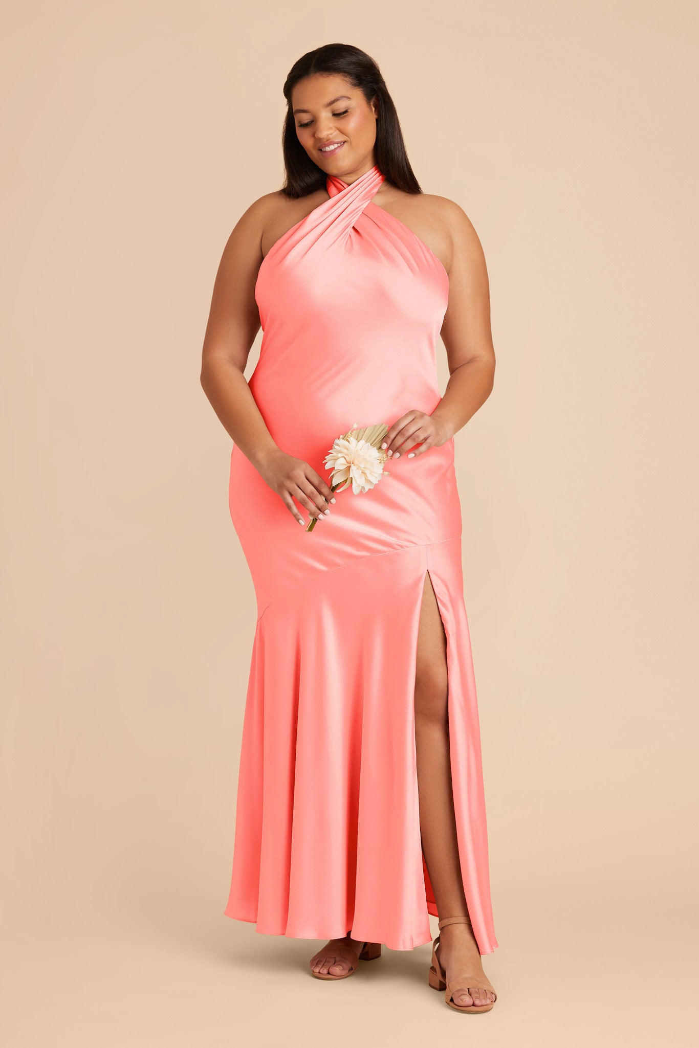 Matte Satin Halter Dress for Women | Coral Pink