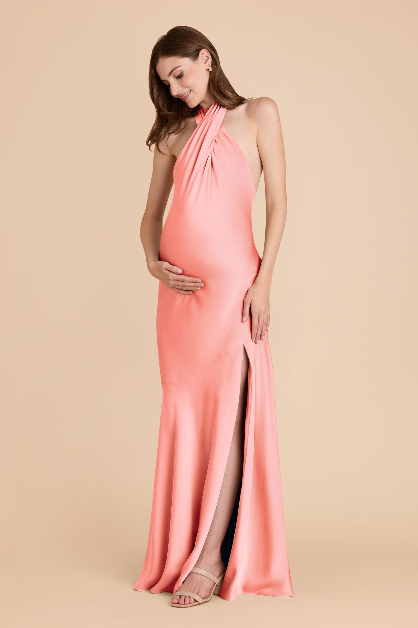 Matte Satin Halter Dress for Women | Coral Pink