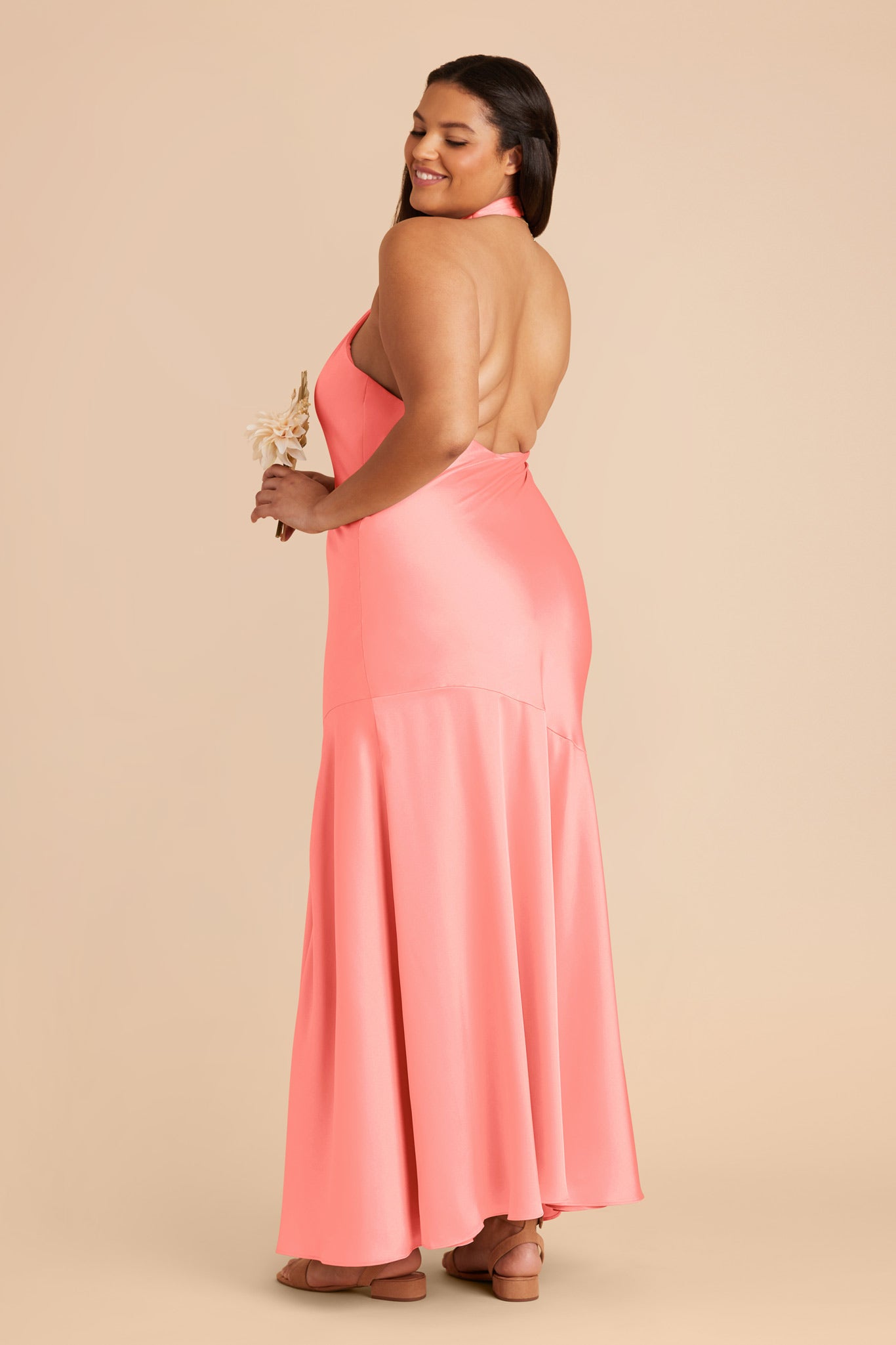 Matte Satin Halter Dress for Women | Coral Pink