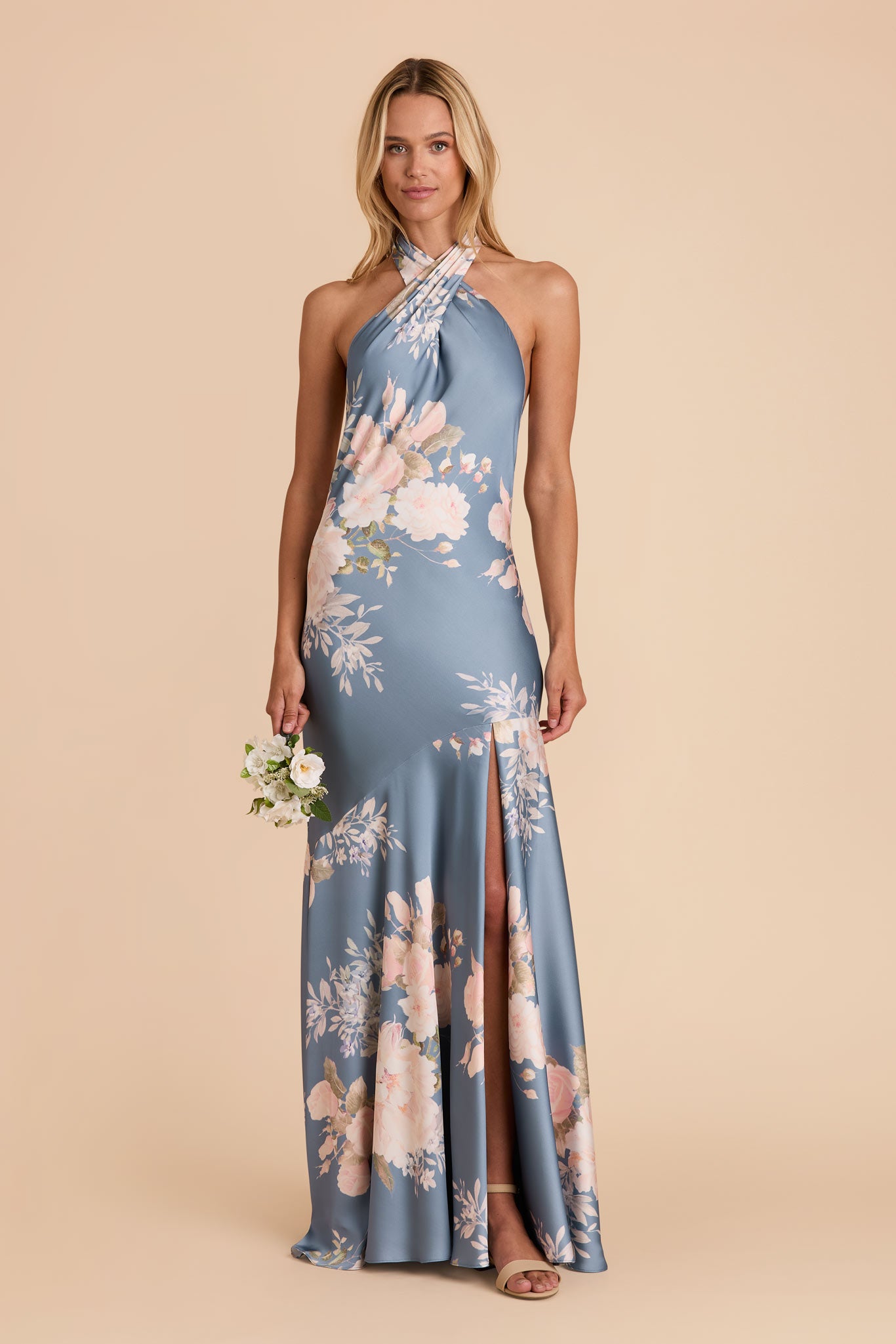 Matte Satin Halter Dress in Dusty Blue | Stephanie