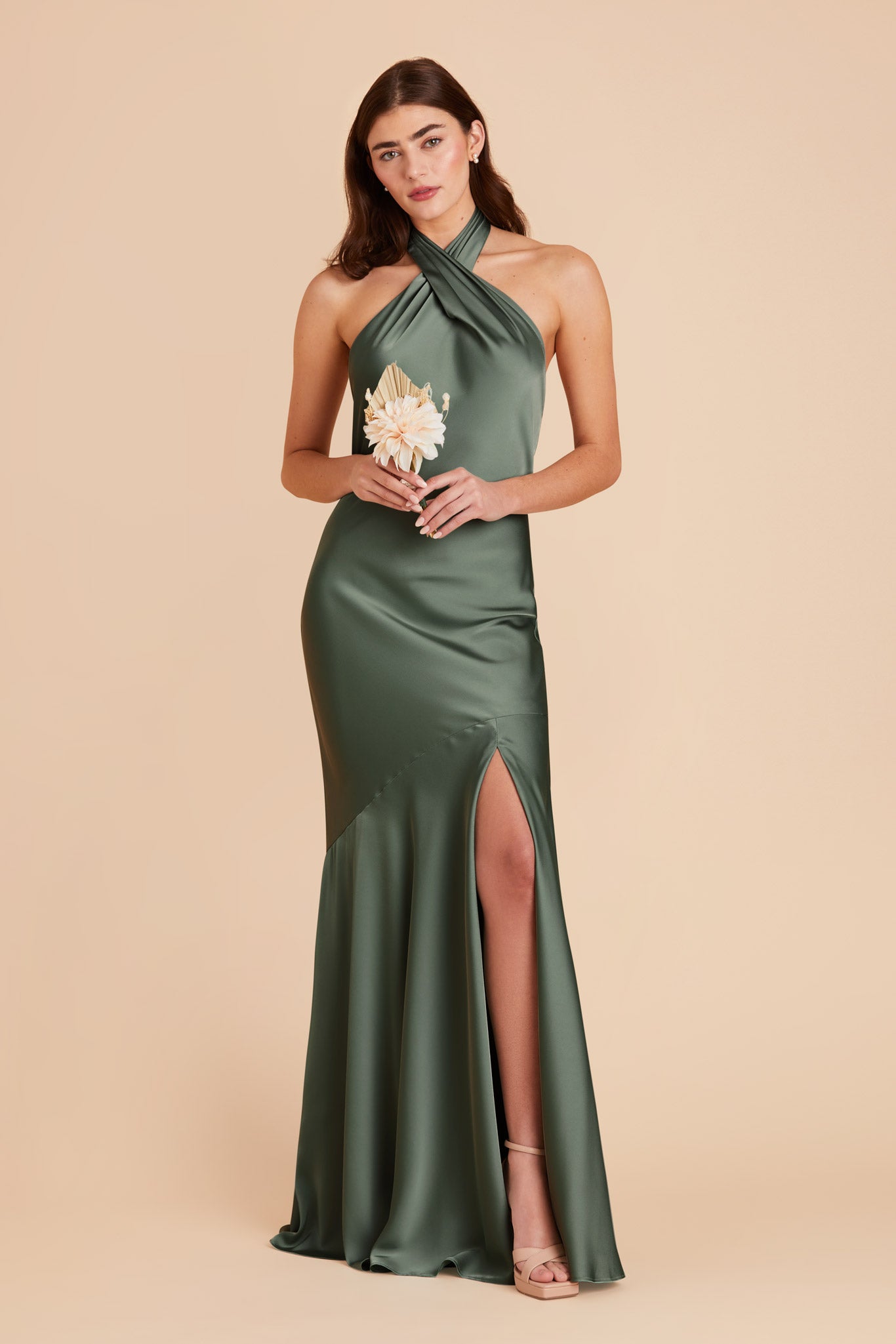 Matte Satin Halter Dress in Eucalyptus | Stephanie