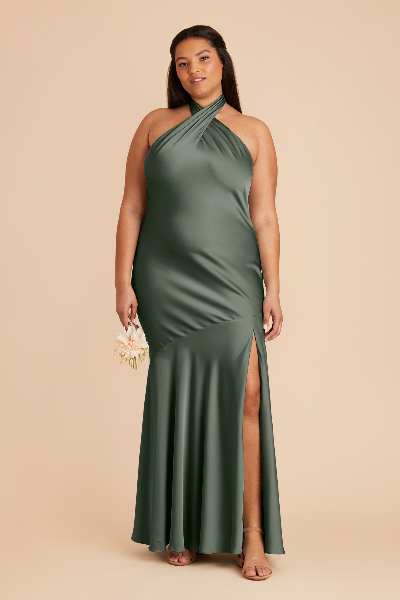 Matte Satin Halter Dress in Eucalyptus | Stephanie