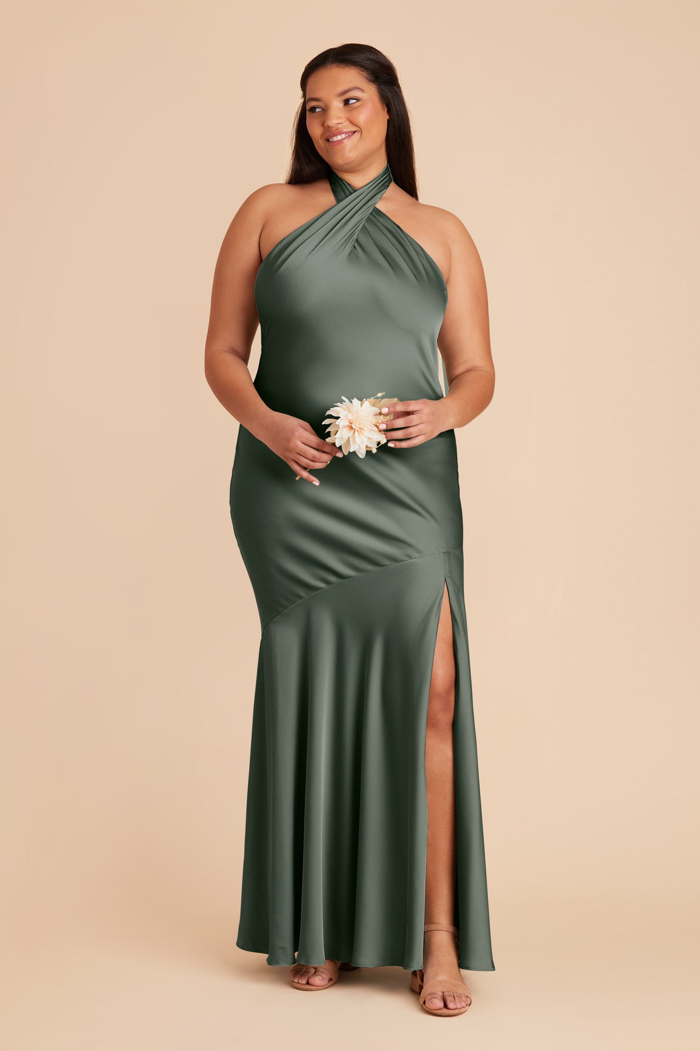 Matte Satin Halter Dress in Eucalyptus | Stephanie