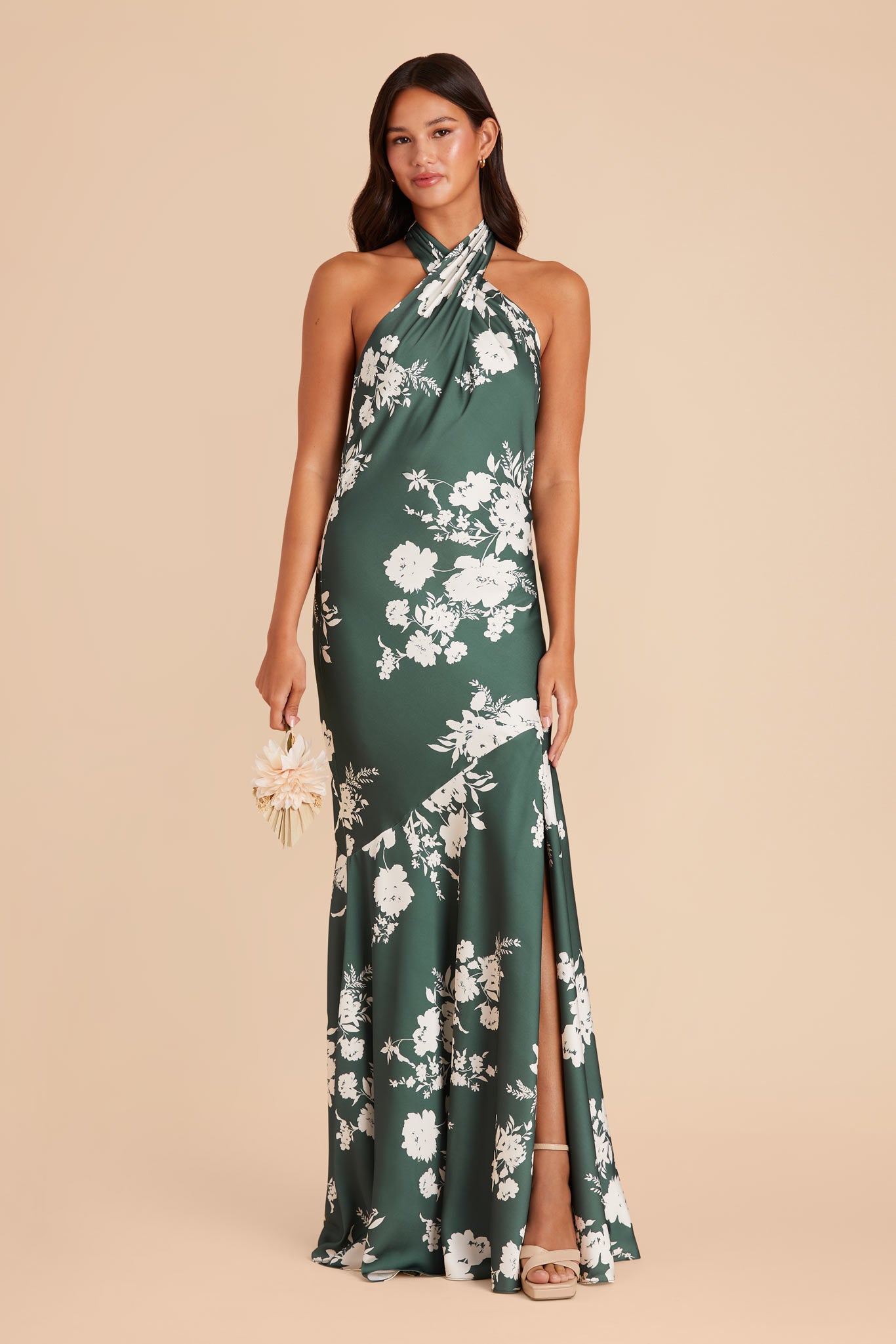 Matte Satin Halter Dress - Eucalyptus Blooms | Stephanie