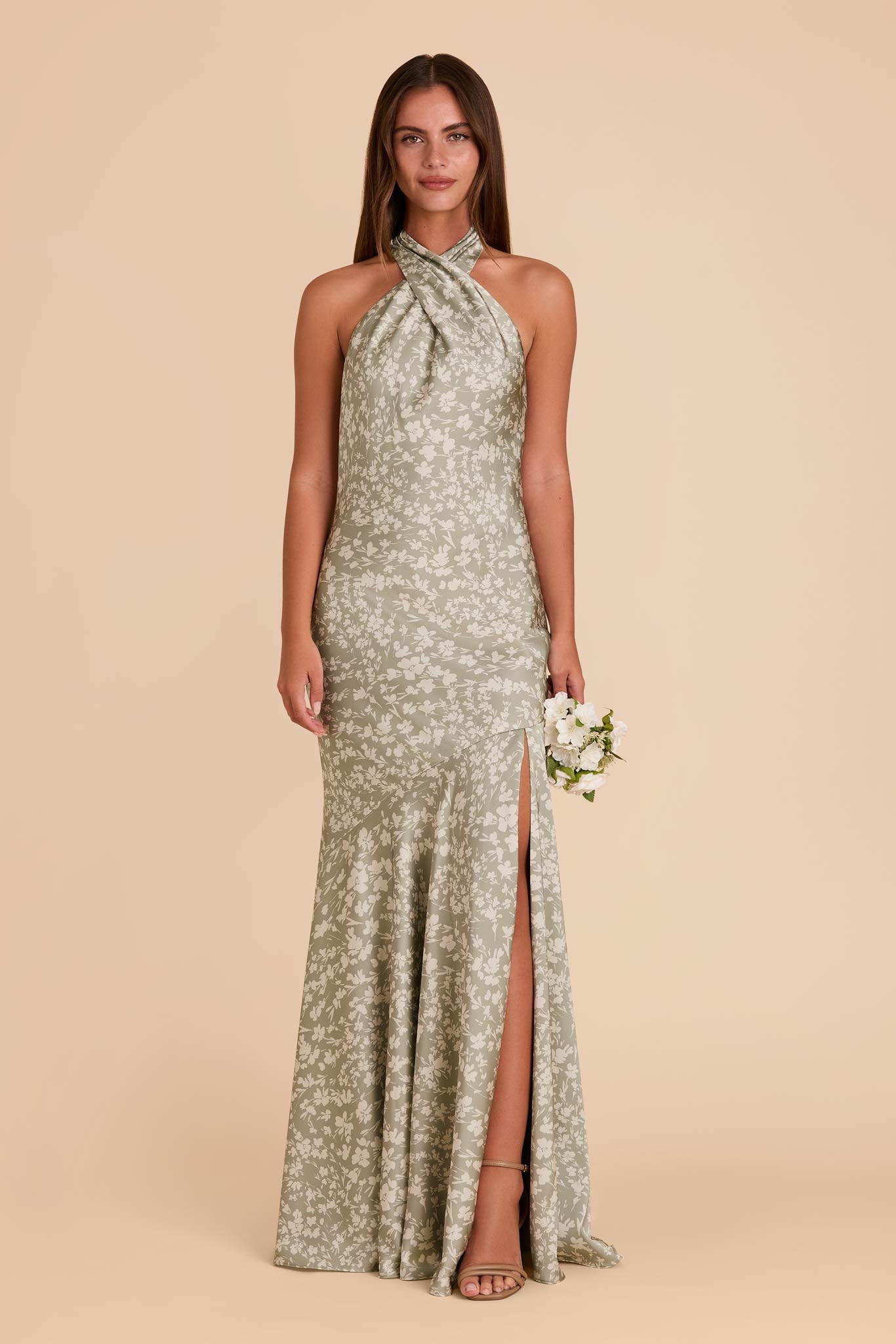 Matte Satin Halter Dress - Moss Green Floral | Stephanie
