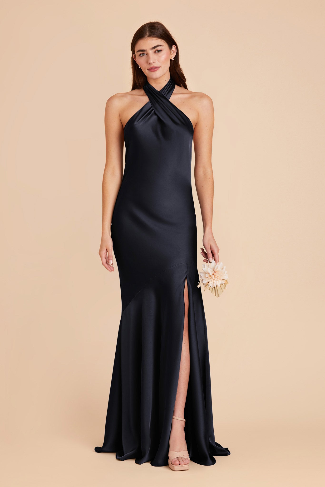 Matte Satin Halter Dress in Navy | Stephanie