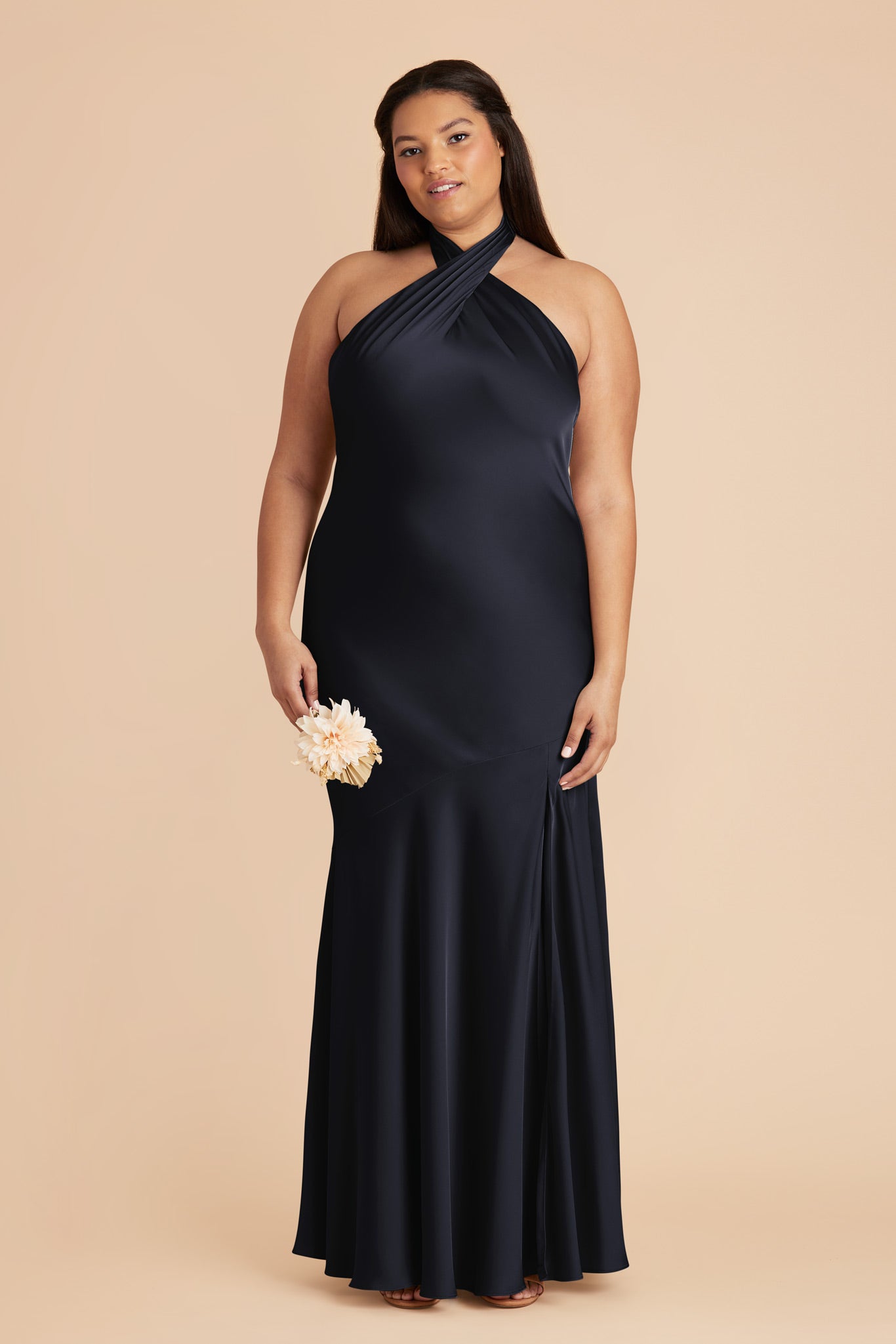 Matte Satin Halter Dress in Navy | Stephanie