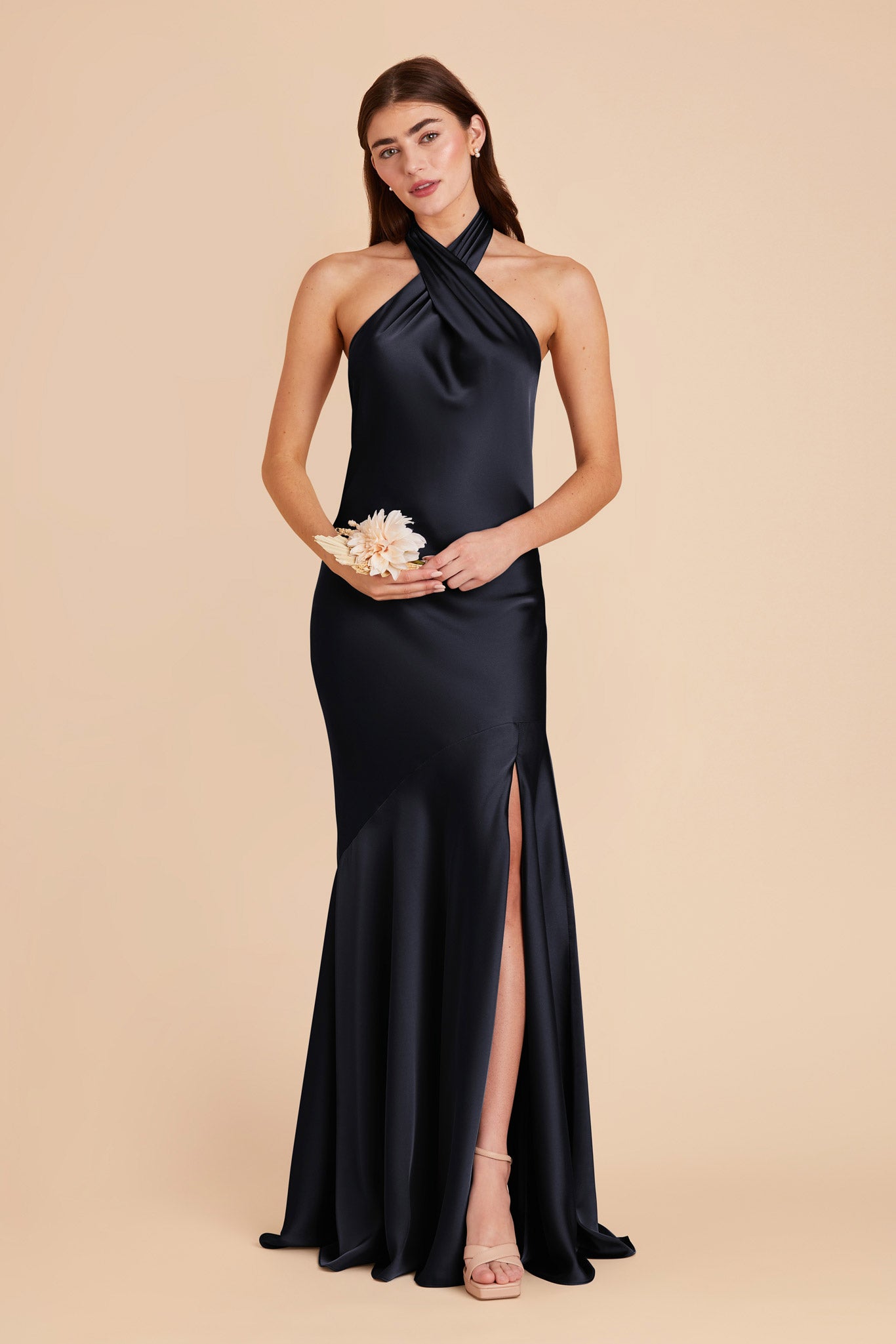 Matte Satin Halter Dress in Navy | Stephanie