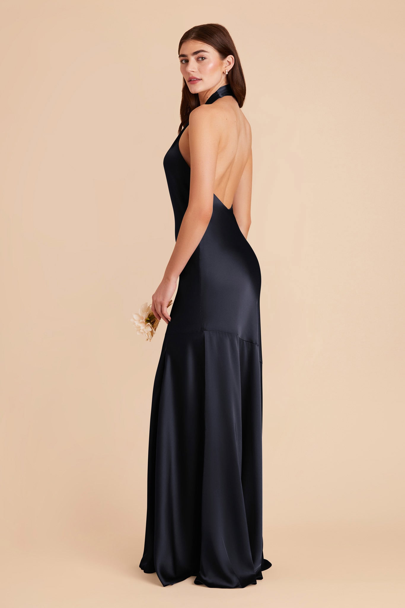 Matte Satin Halter Dress in Navy | Stephanie