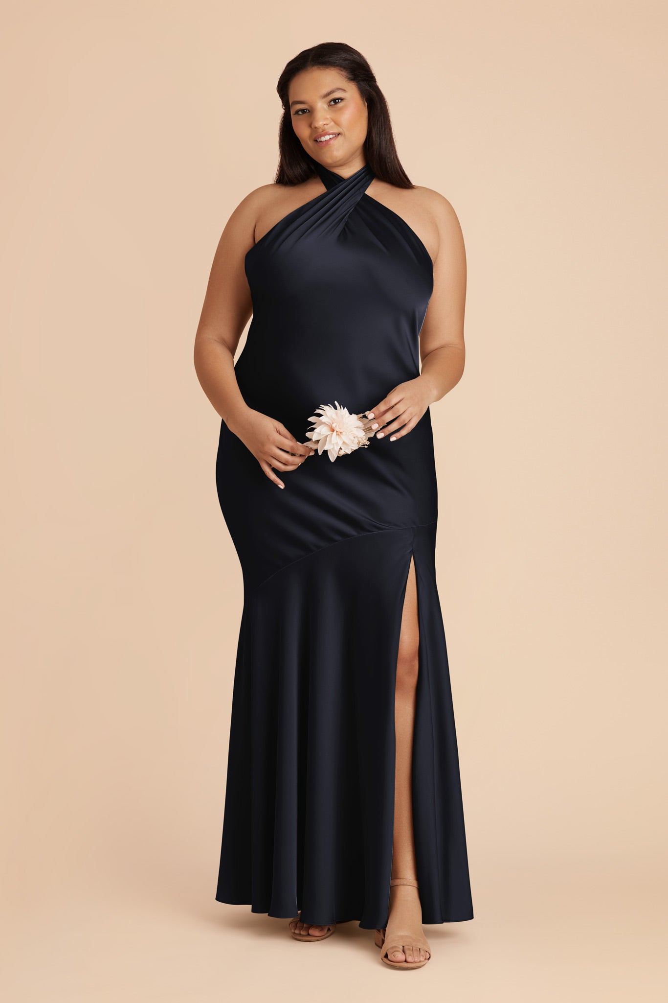 Matte Satin Halter Dress in Navy | Stephanie