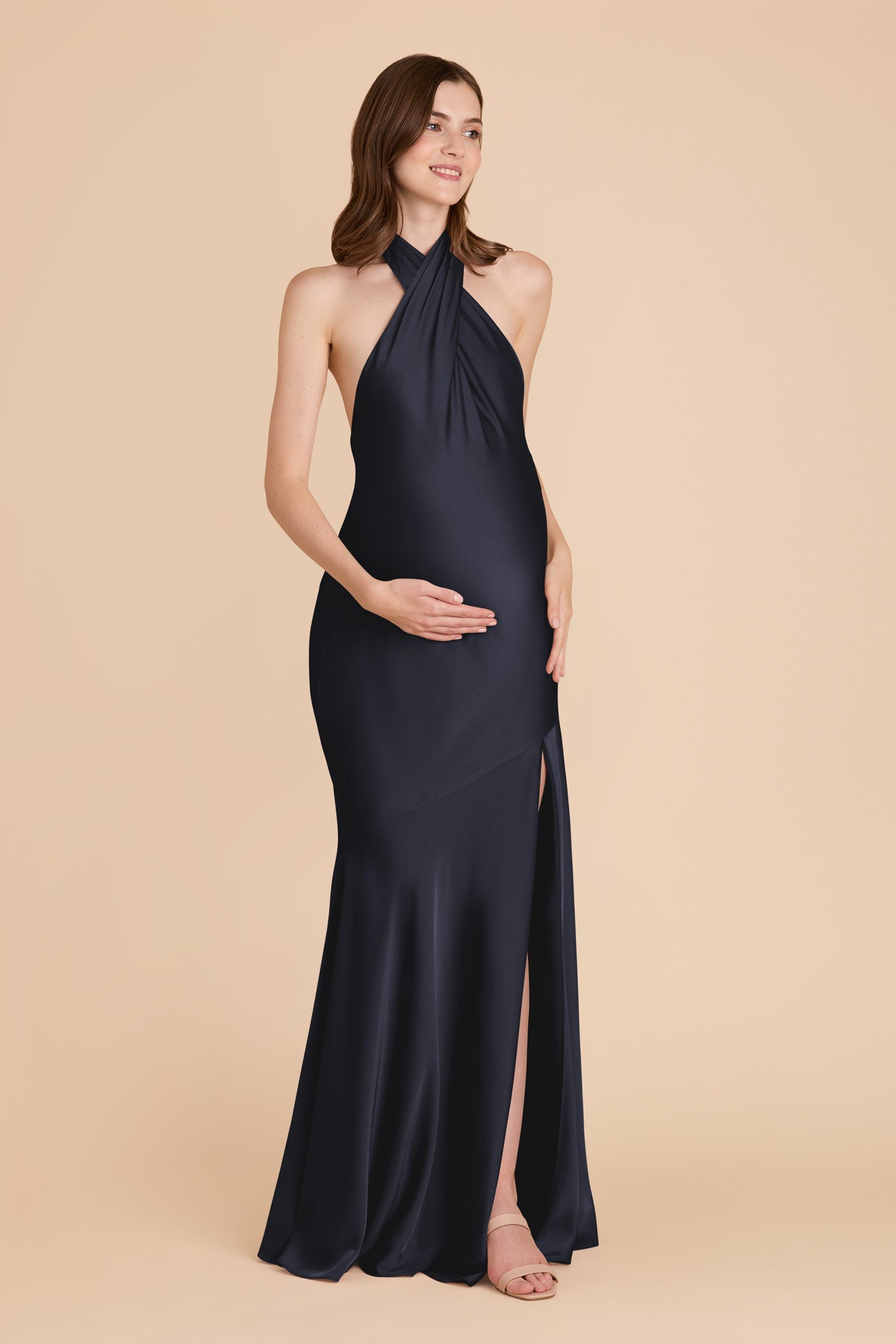 Matte Satin Halter Dress in Navy | Stephanie