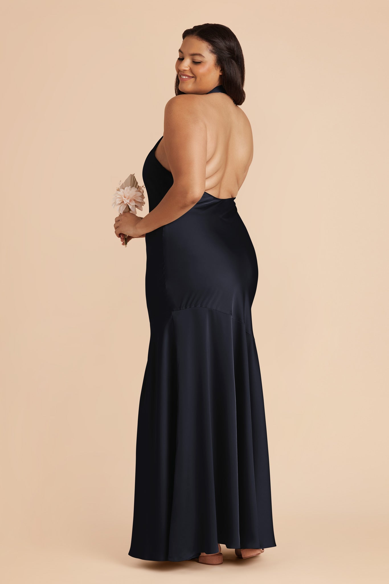 Matte Satin Halter Dress in Navy | Stephanie