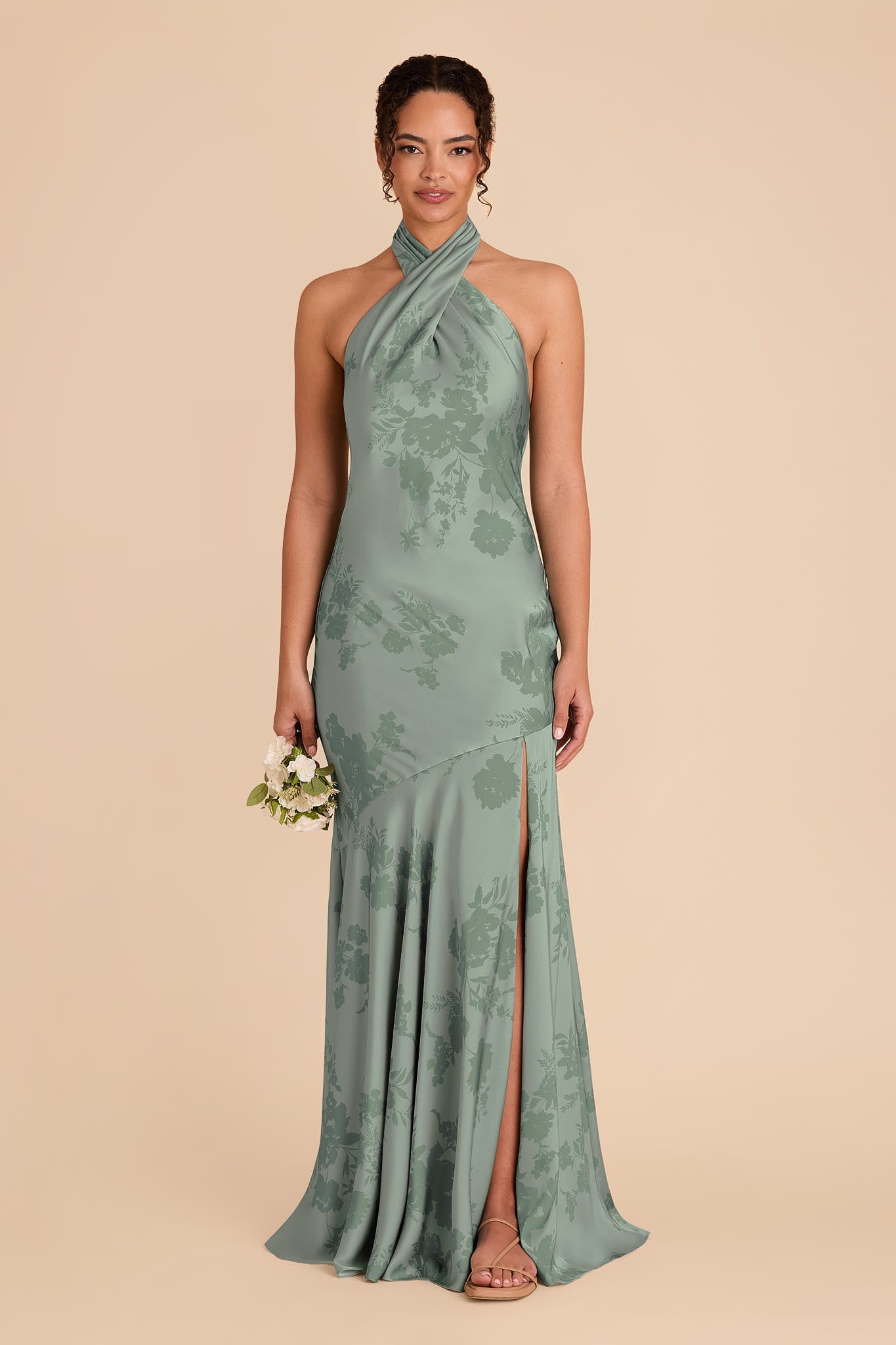 Matte Satin Halter Dress - Sage Blooms | Stephanie