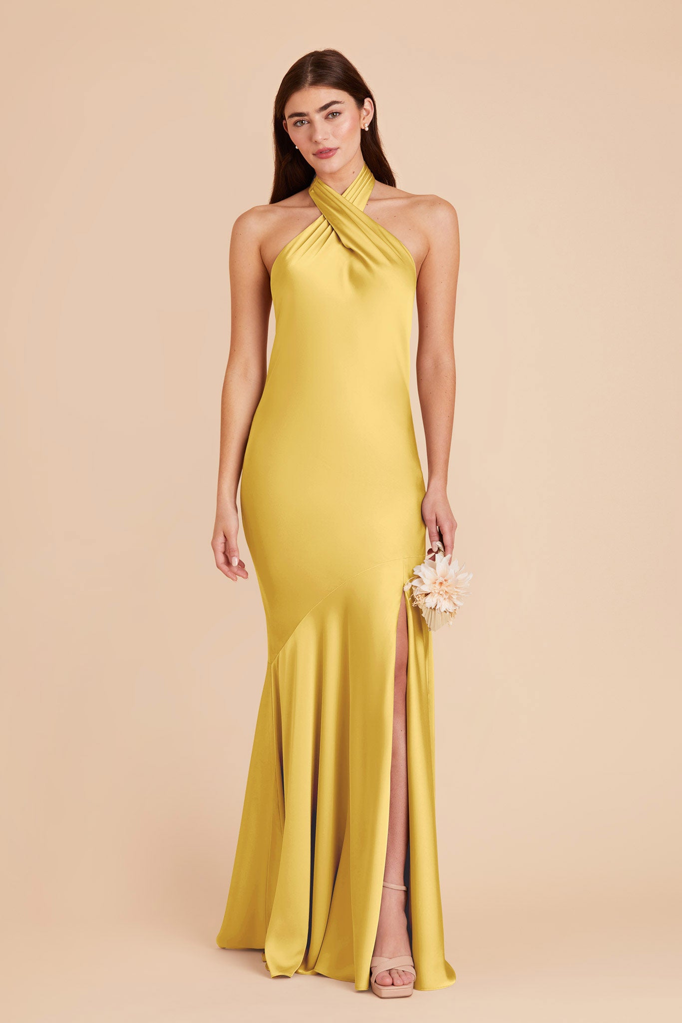 Matte Satin Halter Dress in Sunflower Yellow | Stephanie